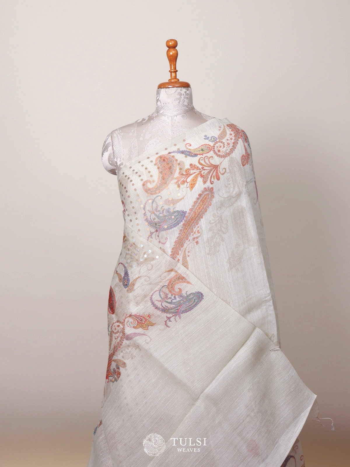 Off White Kora Jute Saree with Floral Print