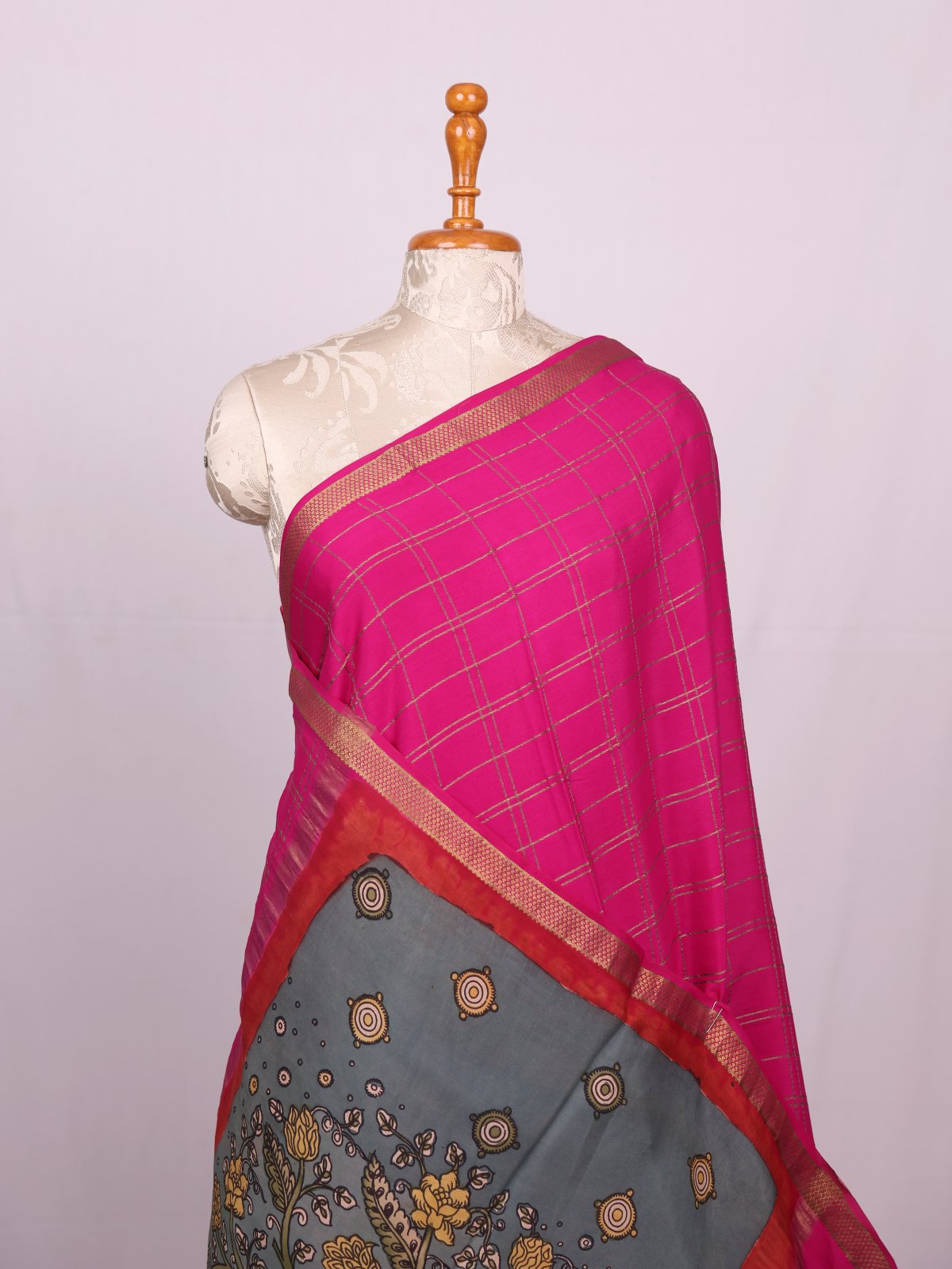 Pink Checked Mysore Crepe Silk Saree With Kalamkari Blouse And Pallu