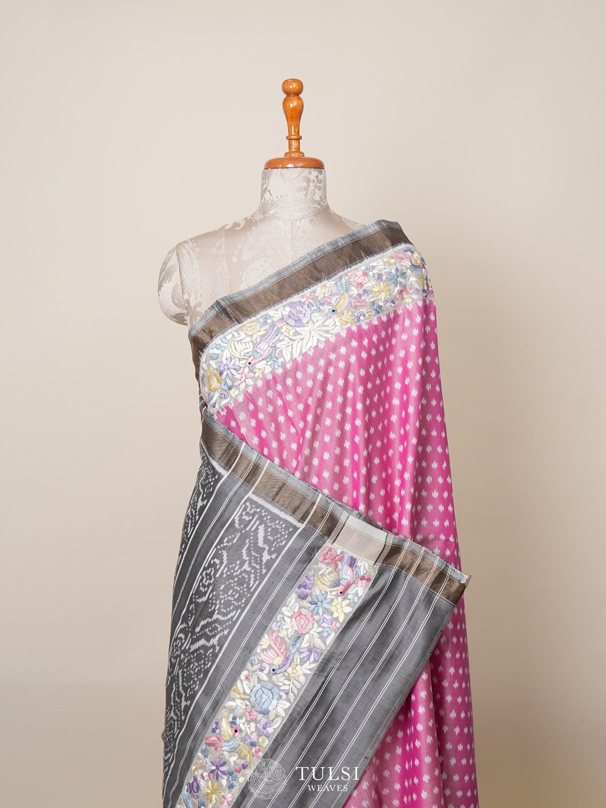 Pink Ikat Silk Saree With Hand Embroided Border