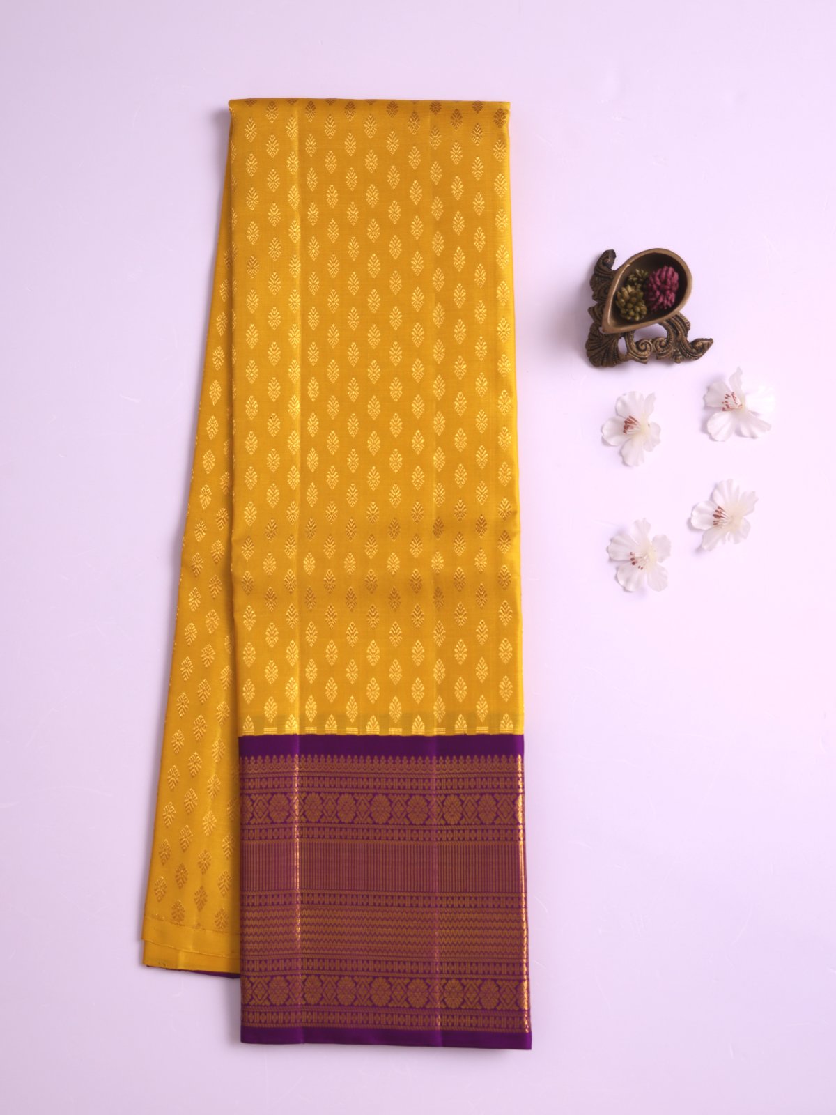 Mustard Yellow Kanjeevaram Silk Pavadai with Purple Border