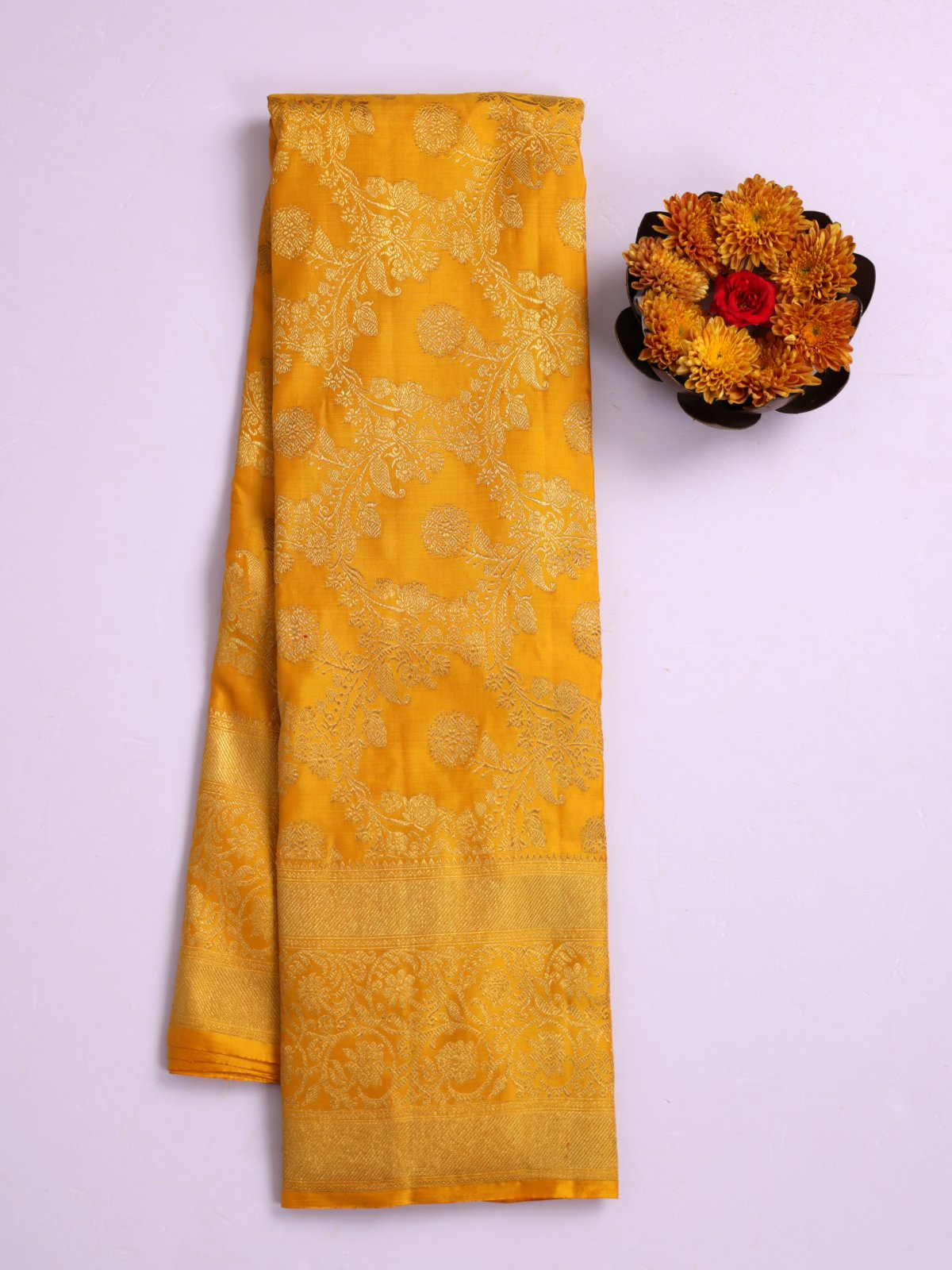 Mustard Yellow Zari Brocade Kanjeevaram Silk Saree With Zari Border
