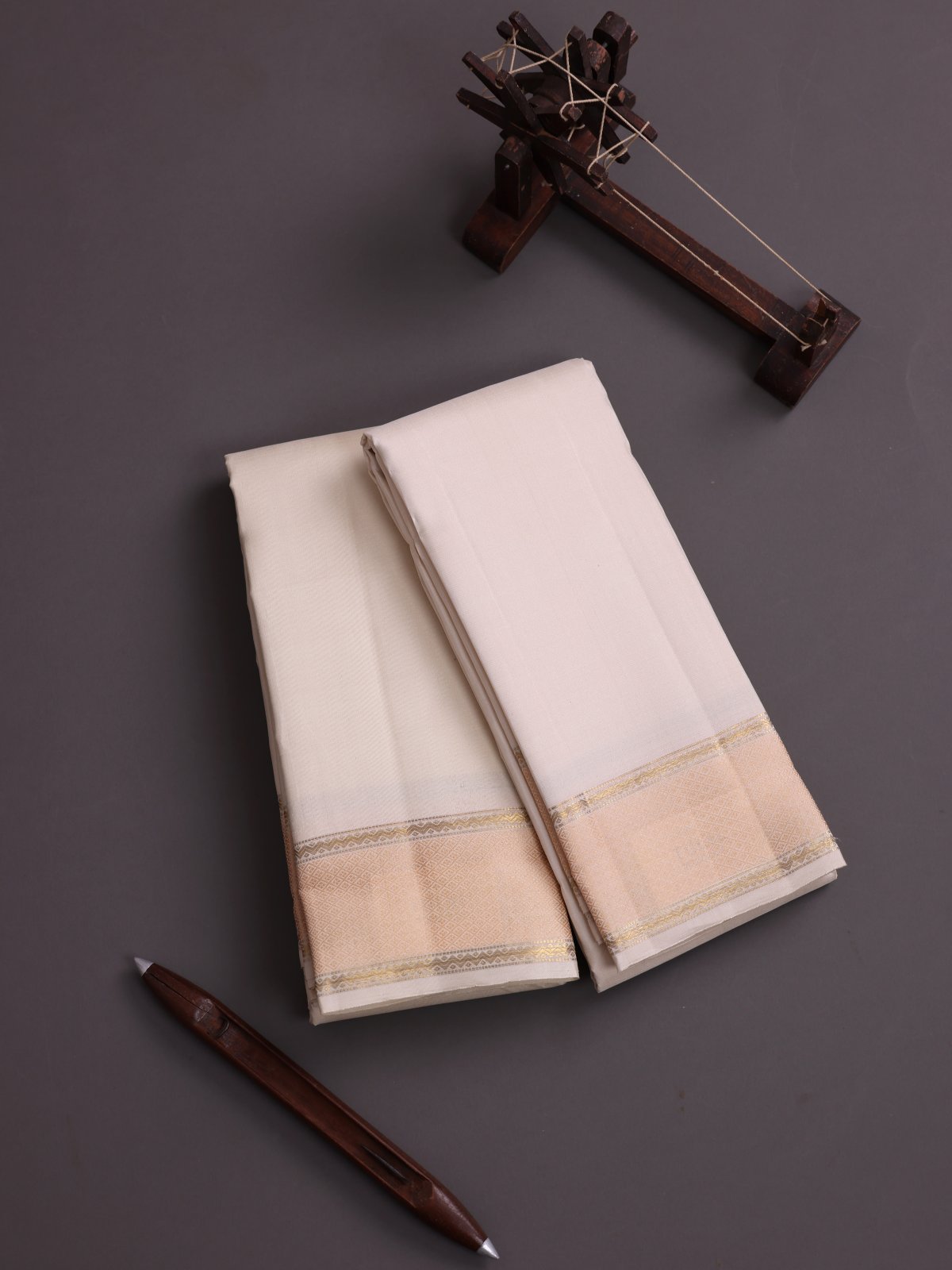 Cream Silk Dhoti And Vasthram With Peach Border
