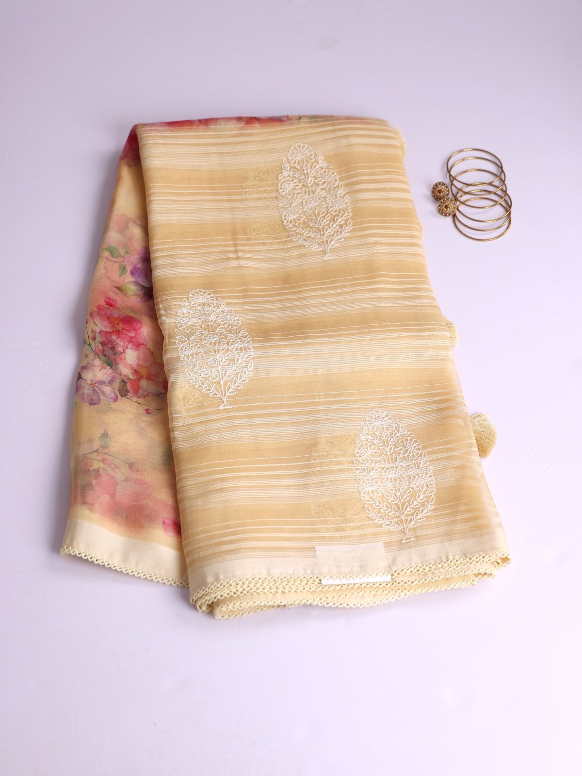 Yellow Printed Organza Silk Saree With Embroidery
