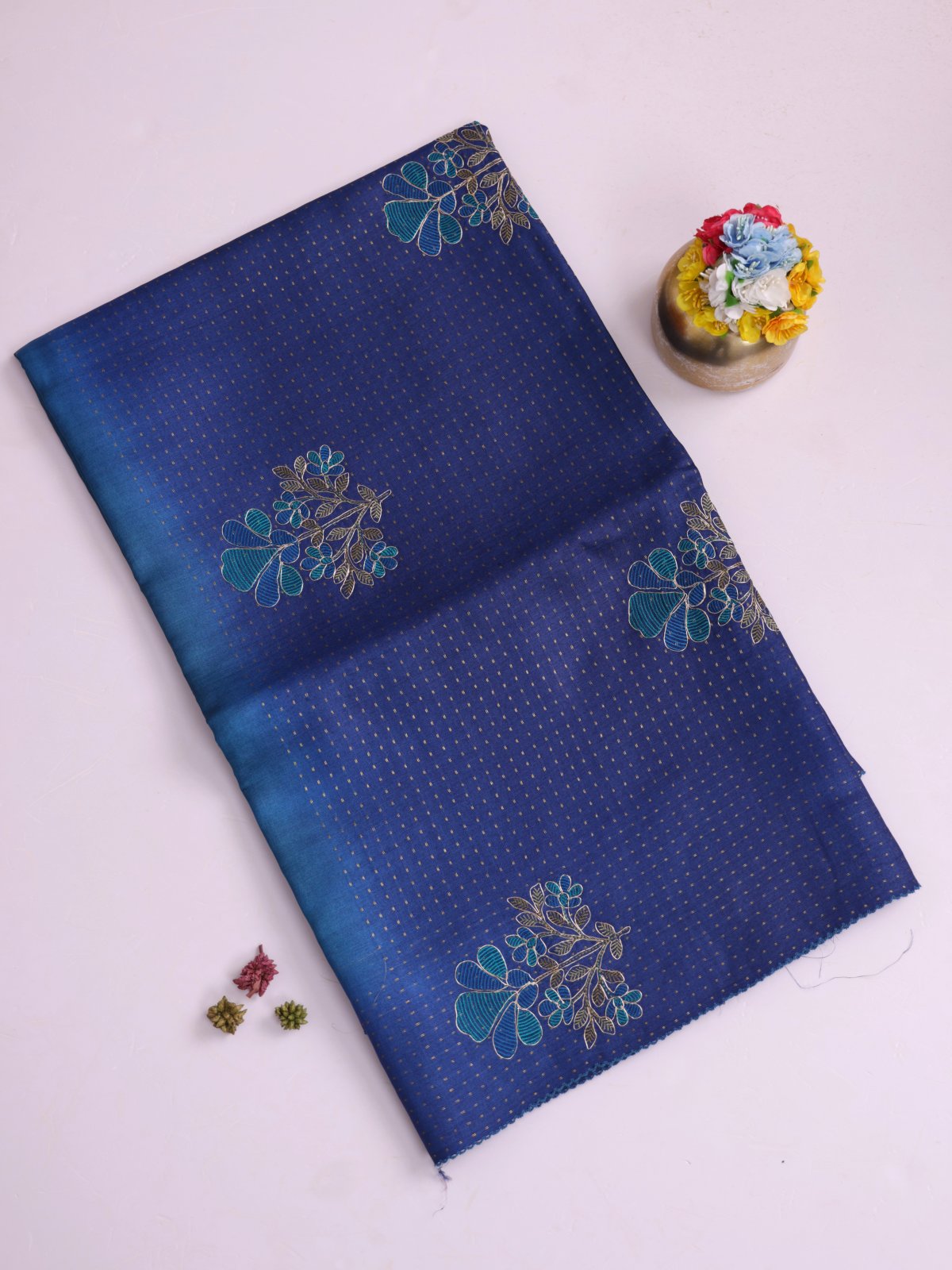 Blue Tussar Silk Saree With Dark Blue Embroidered Border
