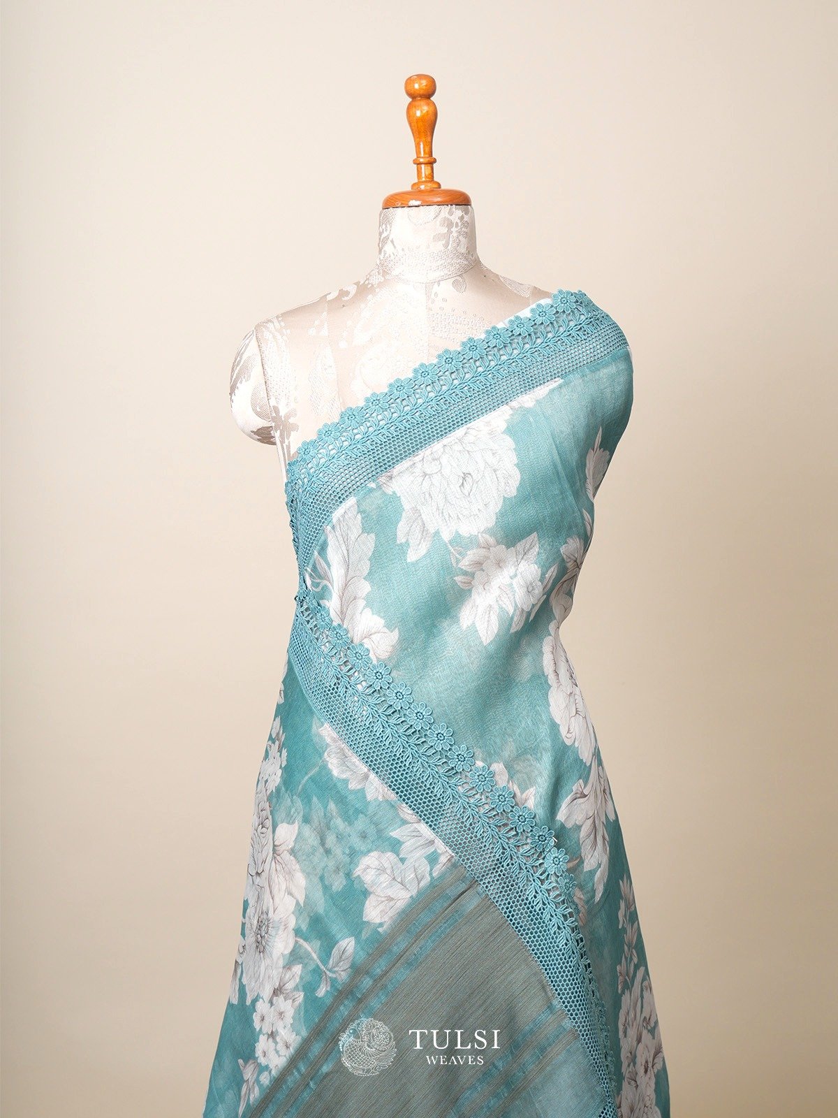 Teal Printed Linen Silk Saree with Lace Border