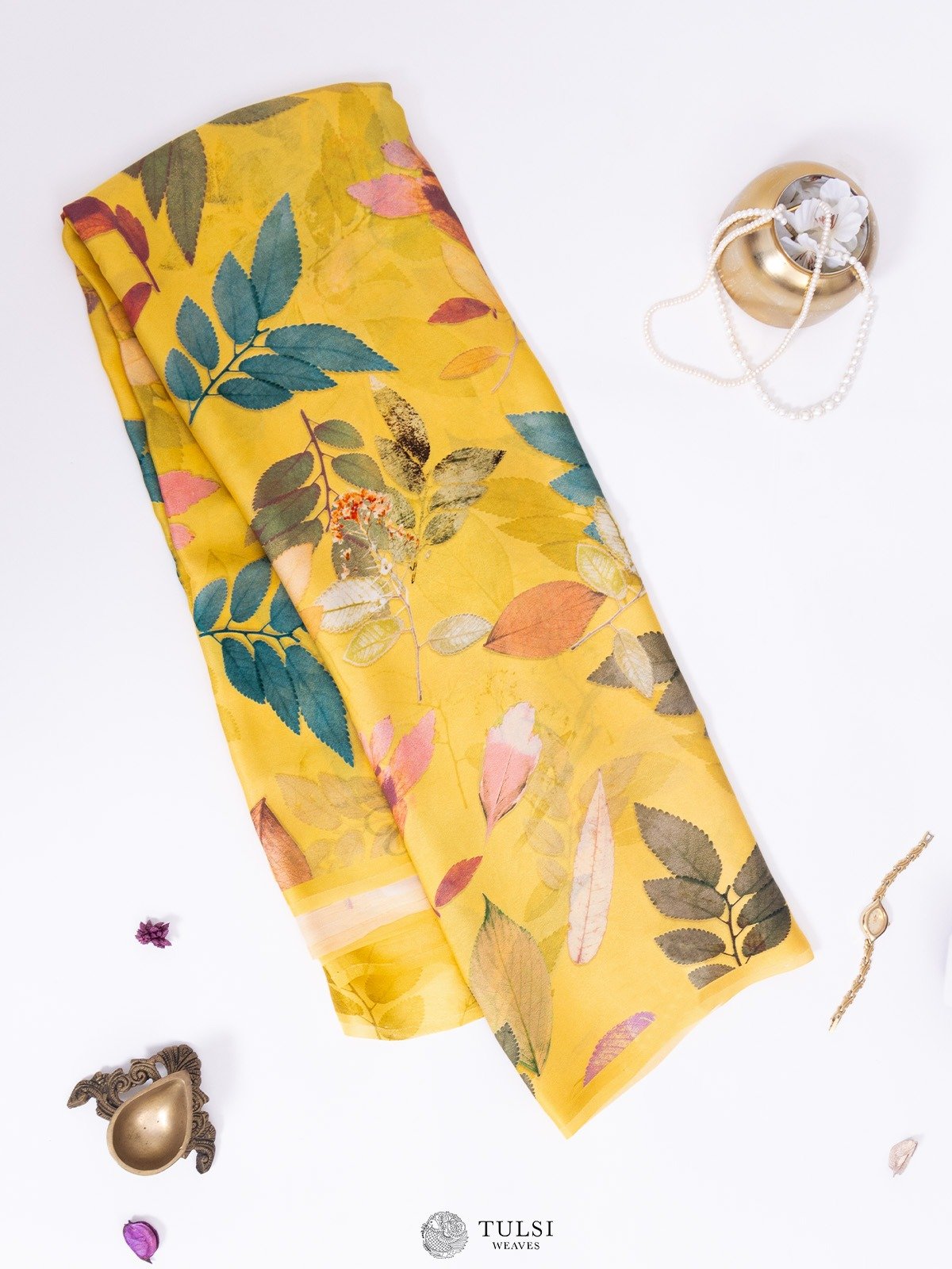 Mustard Satin Crepe Silk Saree With Floral Prints