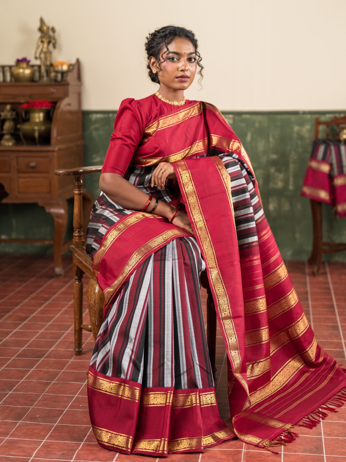Vintage 128 - Black, Grey And Maroon Striped Kanjeevaram Silk Saree With Araku Border