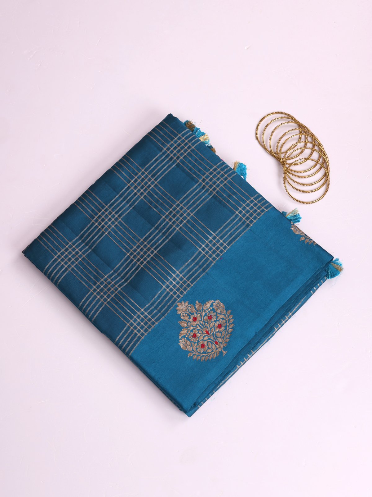 Peacock Blue Zari Checked Mashru Silk Saree With Satin Border