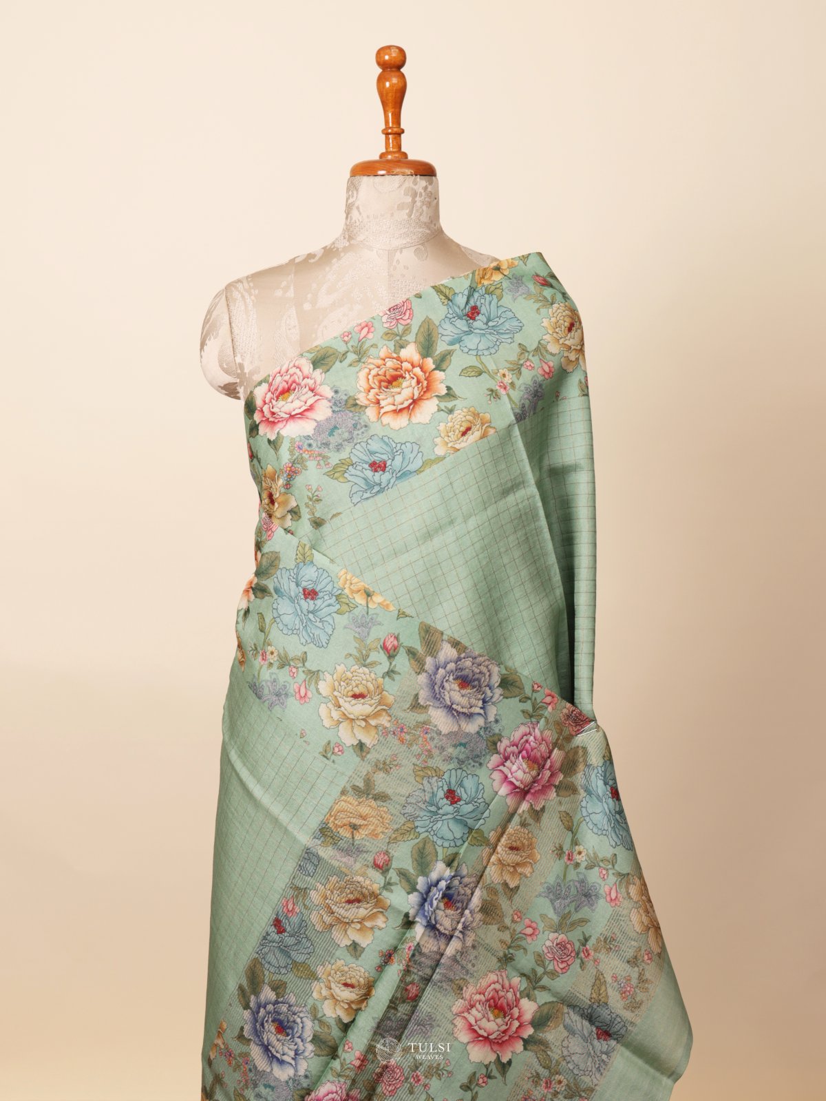 Light Green Printed Tussar Silk Saree