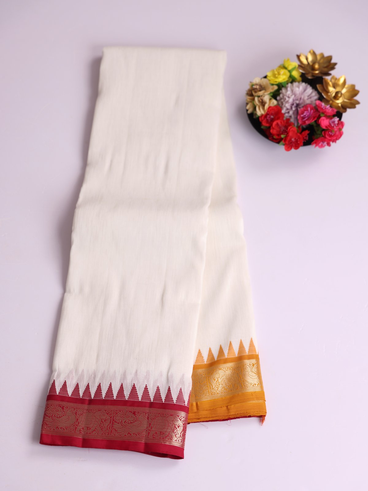 White Kanjeevaram Linen Saree With Araku And Mustard Yellow Ganga Jamuna Border