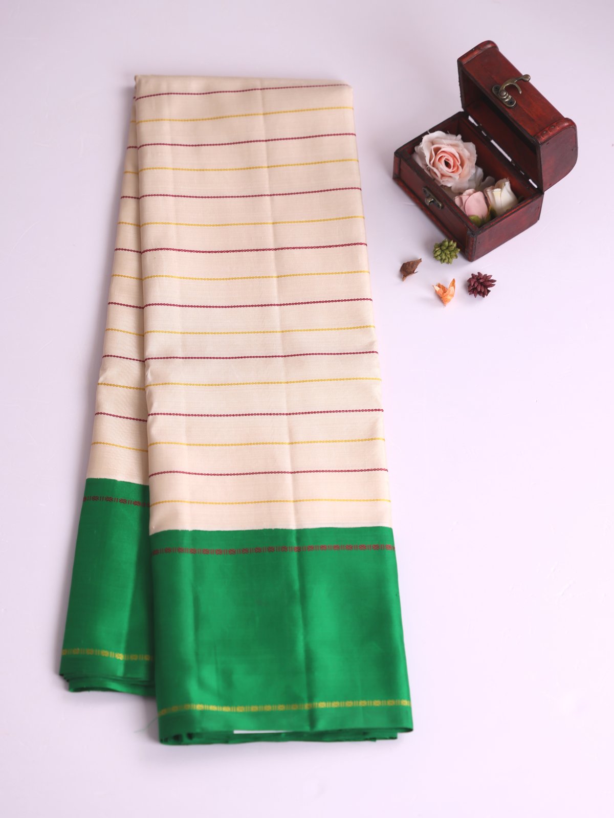 Off White Veldhari Kanjeevaram Pattu Pettu Silk Saree with Emerald Green Border