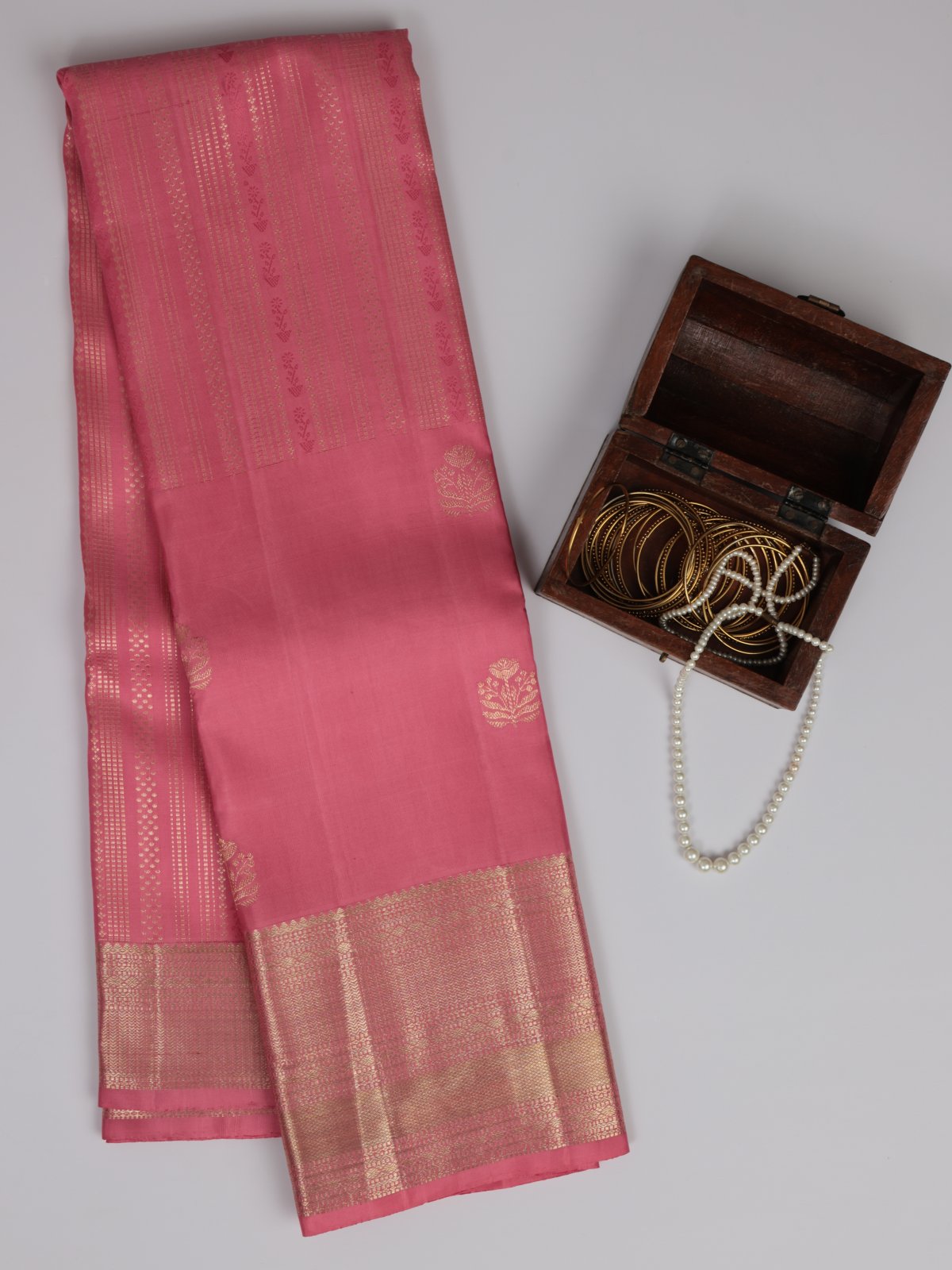 Peachish Pink Brocade Kanjeevaram Silk Saree 