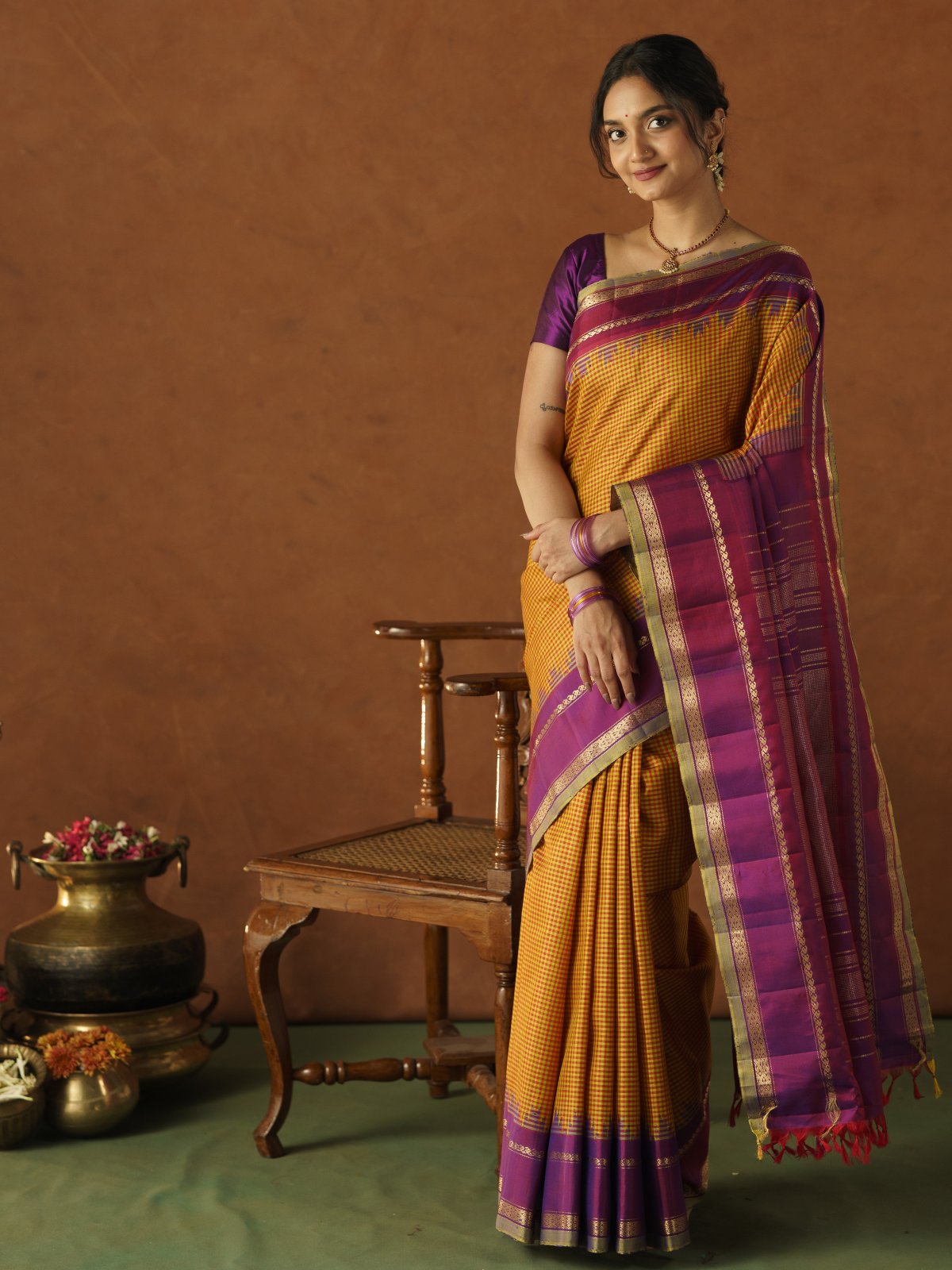 Red And Yellow Checked Gadwal Silk Saree With Magenta Border