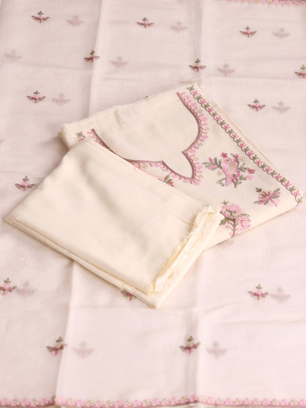 Off- White Embroidered Mul Chanderi Cotton Salwar Material