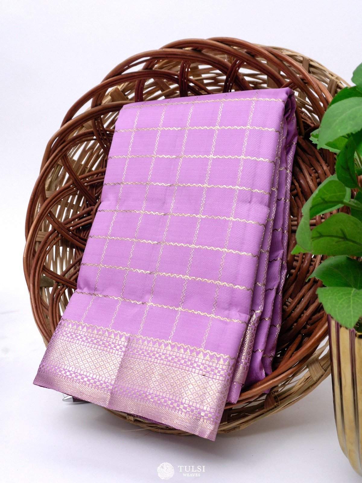 Lilac Checked Kanjeevaram Silk Saree