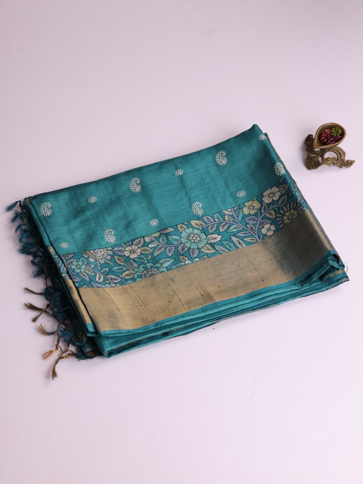 Teal Blue Embroidered Tussar Silk Saree With Zari Border
