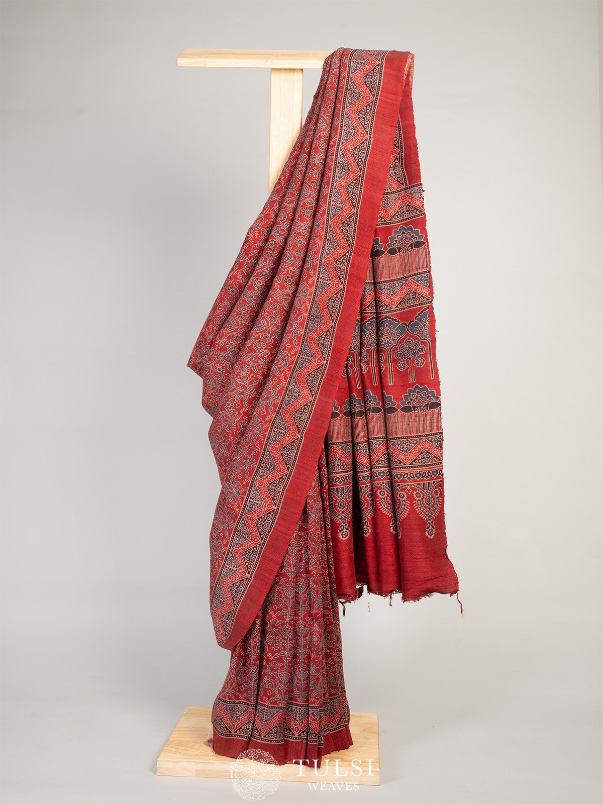 Madder Red Tussar Ajrakh silk saree