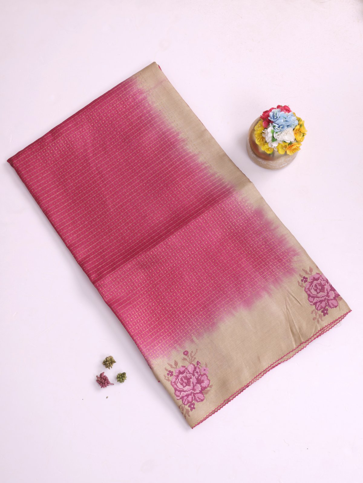 Pink Zari Checked Tussar Silk Saree With Cross-Stitch Embroidery 