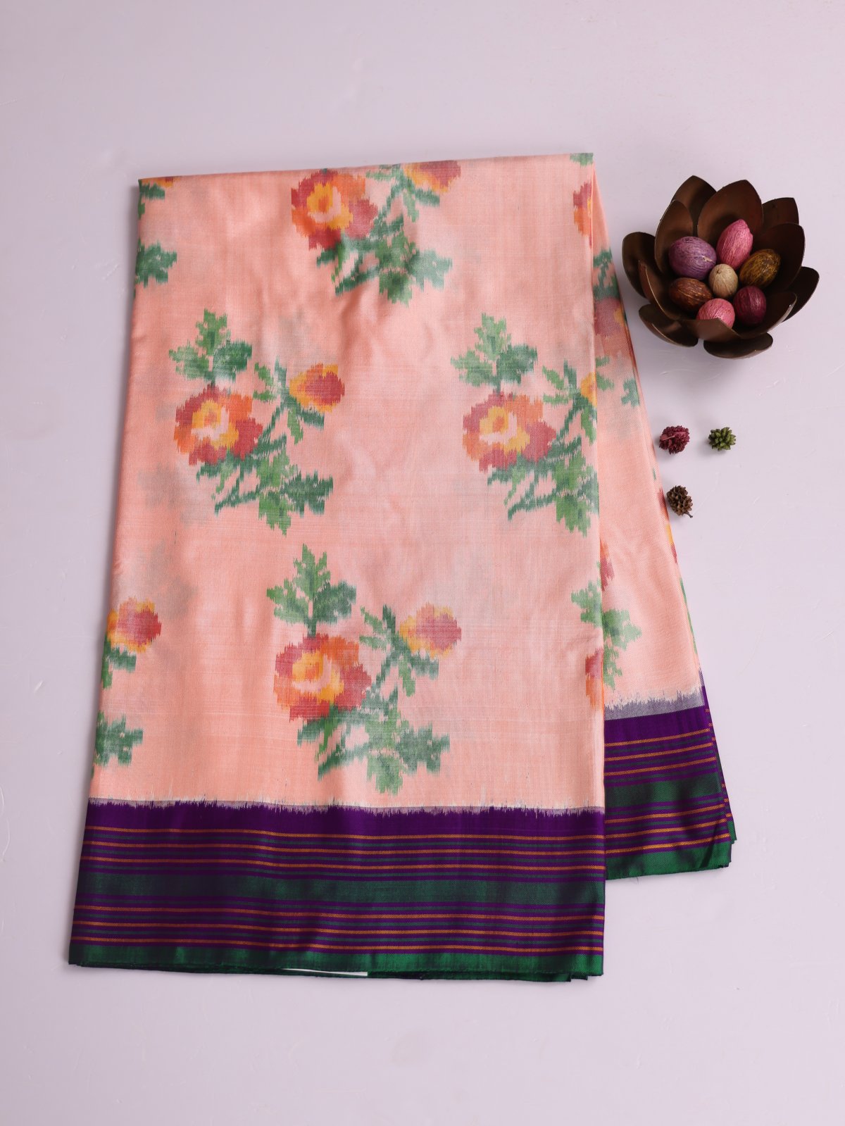 Peach Patola Silk Saree With Dark Violet Border