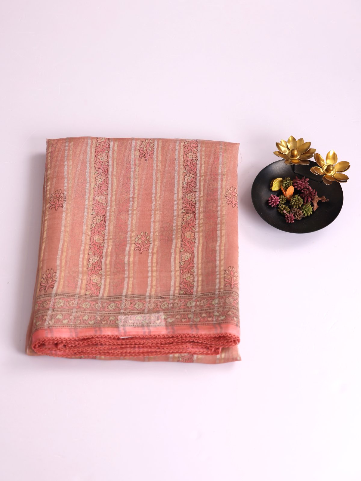 Peach Printed Organza Silk Saree