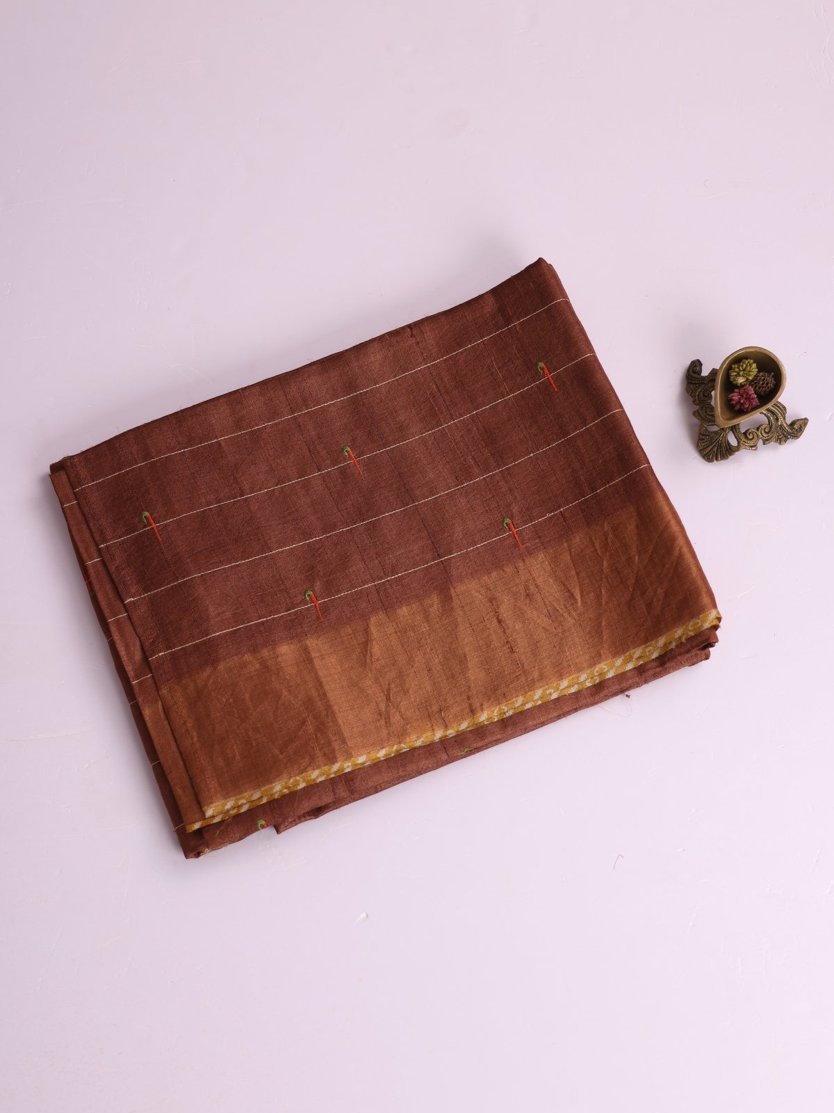 Brown Striped Embroidered Tussar Silk Saree With Zari Border