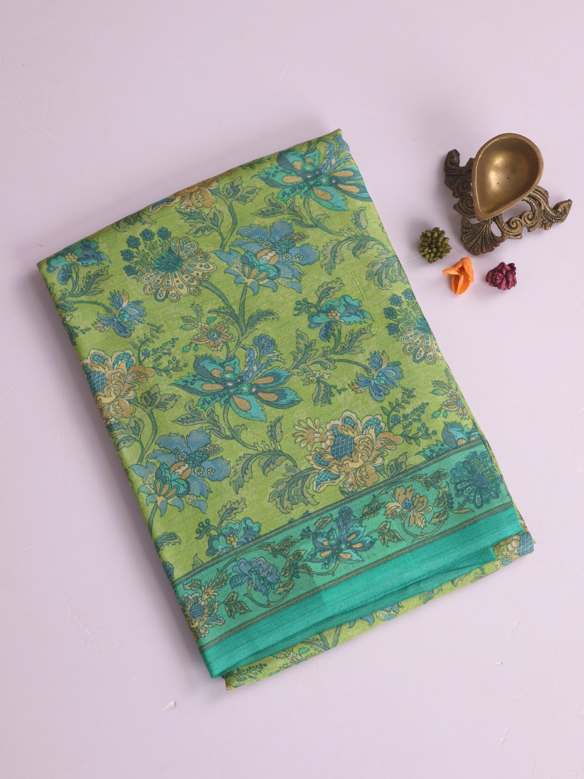 Parrot Green Printed Tussar Silk Saree With Teal Green Border
