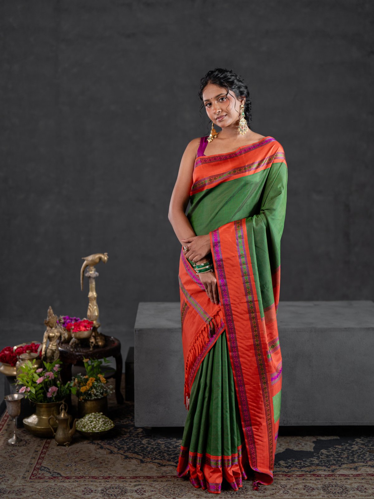 Crafted 33 - Bottle Green Checked Kanjeevaram Silk Saree With Rust Orange Pattupettu Border