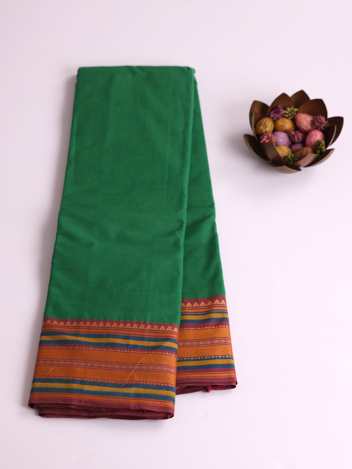 Green Kanchi Cotton Saree With Threadwork Border