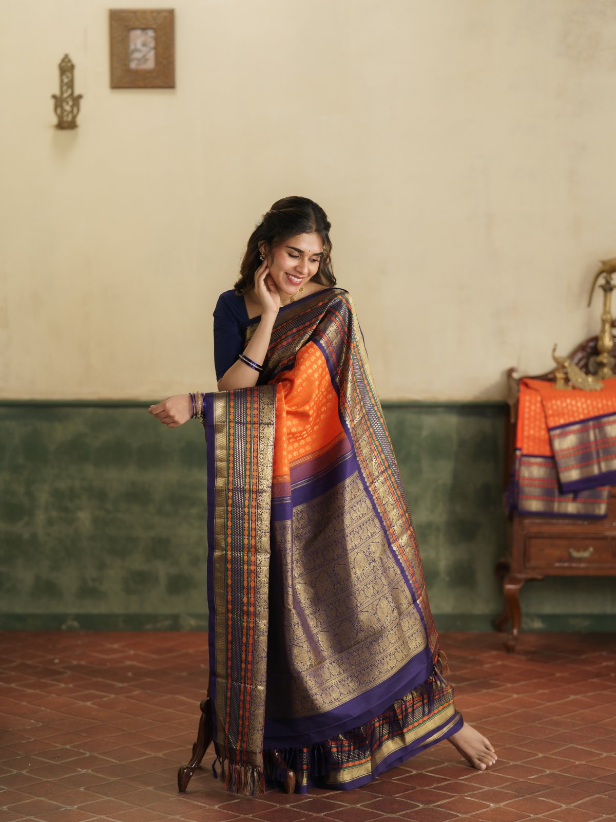 Vintage 107 - Orange Brocade Kanjeevaram Silk Saree With Navy Blue Border