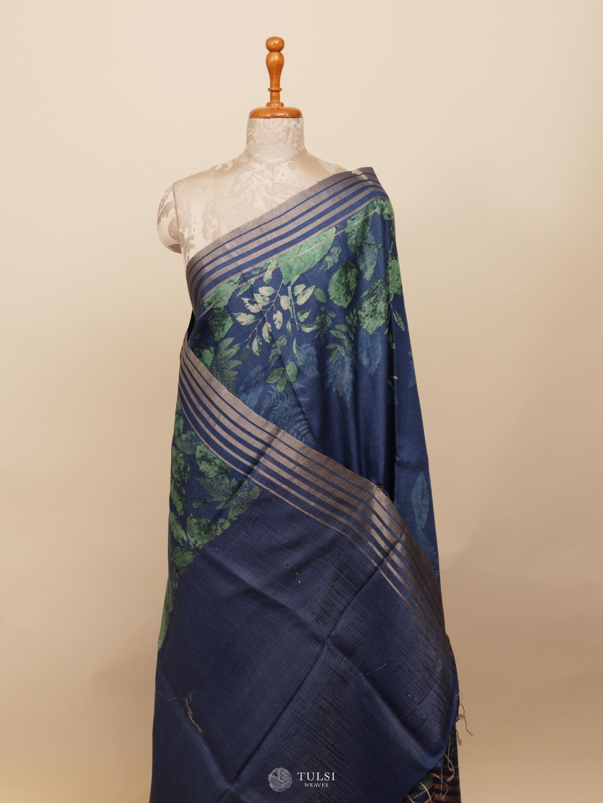 Blue Printed Tussar Silk Saree