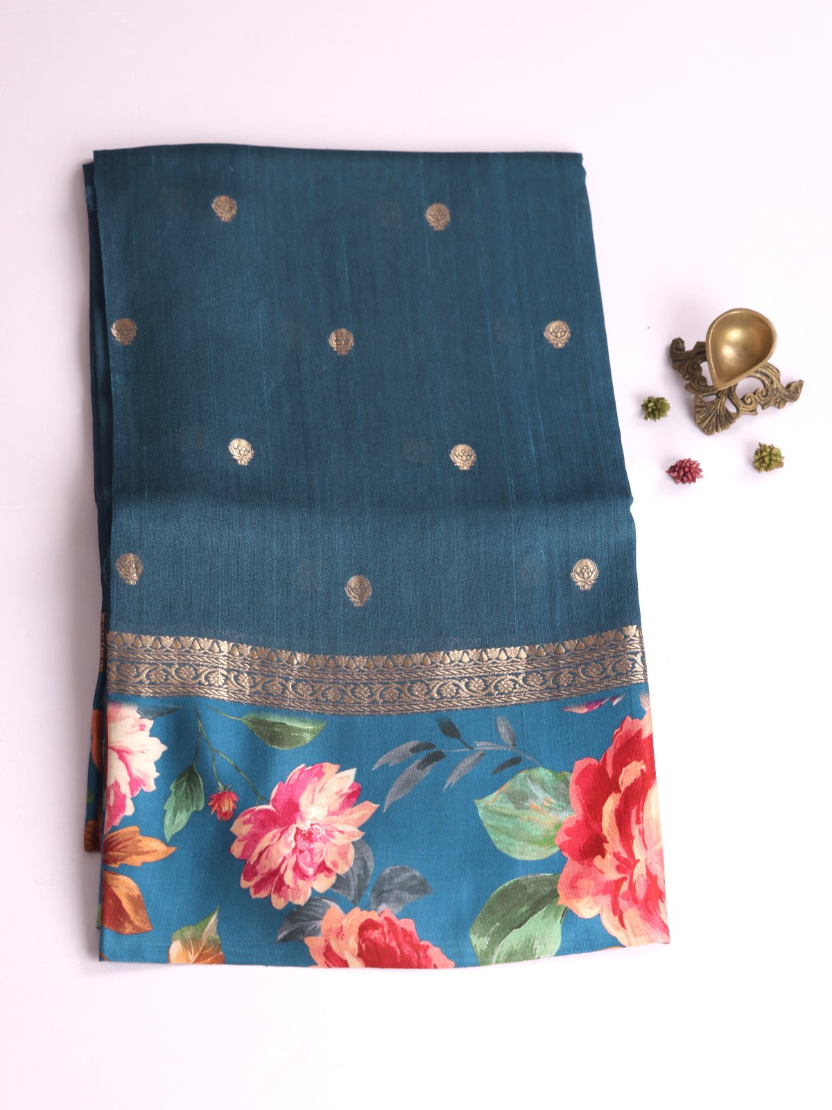 Peacock Blue Tussar Silk Saree With Printed Satin Border