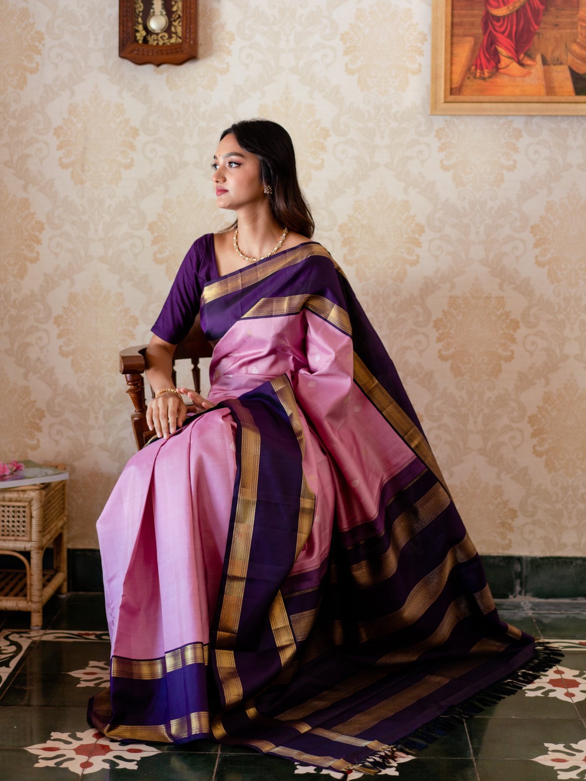 Lavender Kanjeevaram Silk Saree With Purple Border and Brocade Blouse