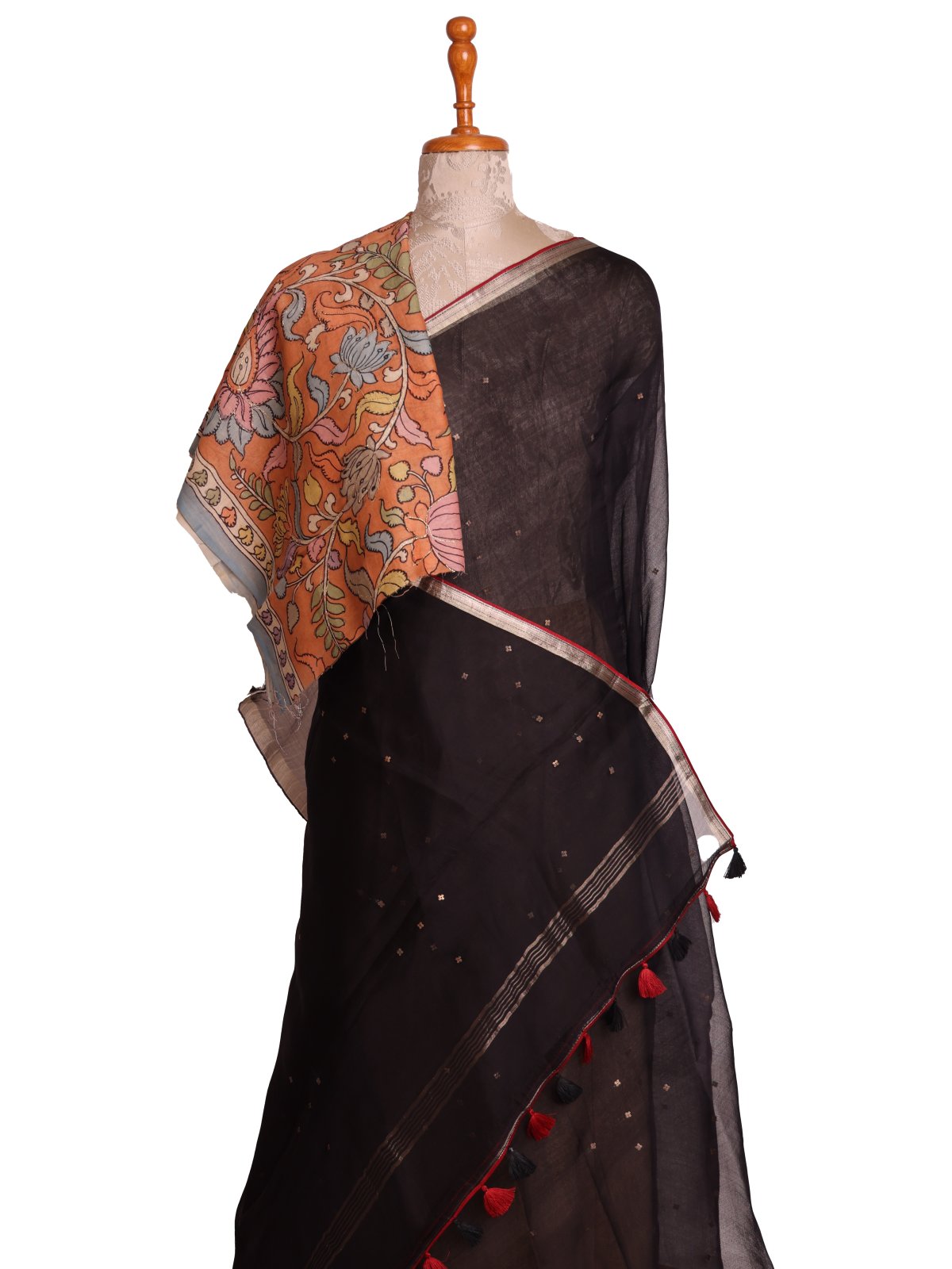 Black Organza Silk Saree With Kalamkari Blouse