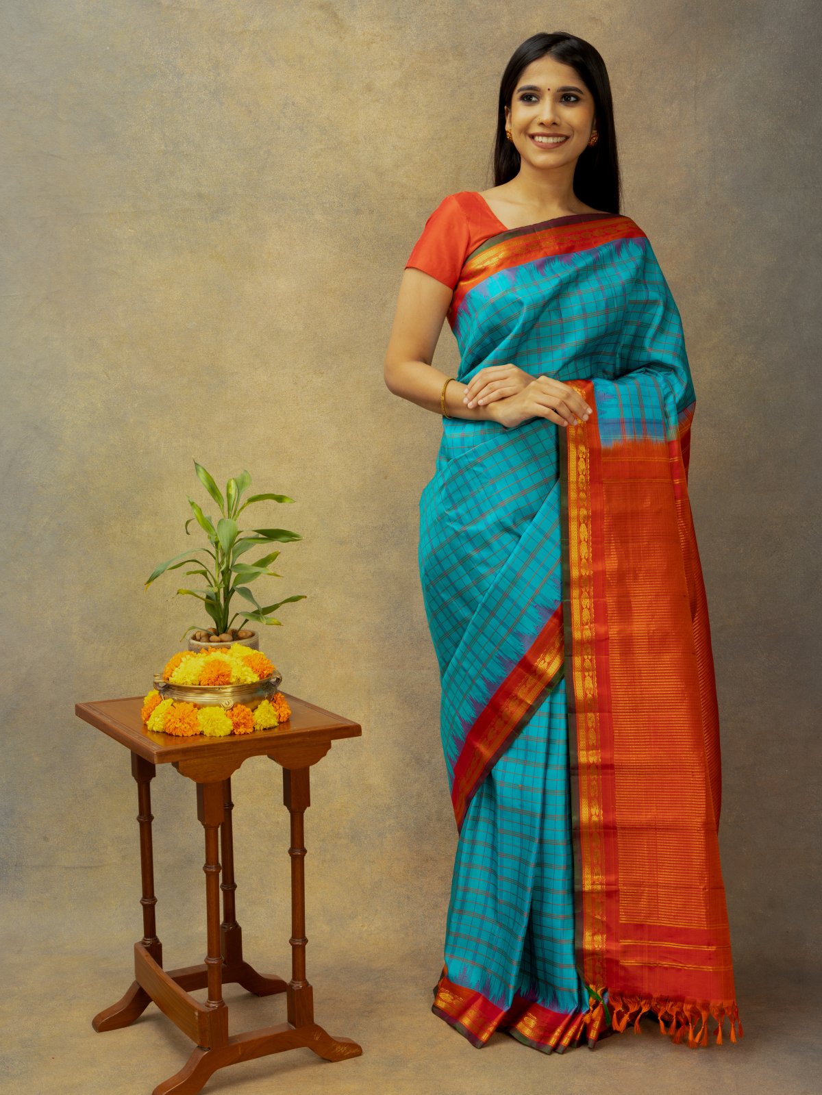 Half n Half Art Silk Saree in Orange & Turquoise blue