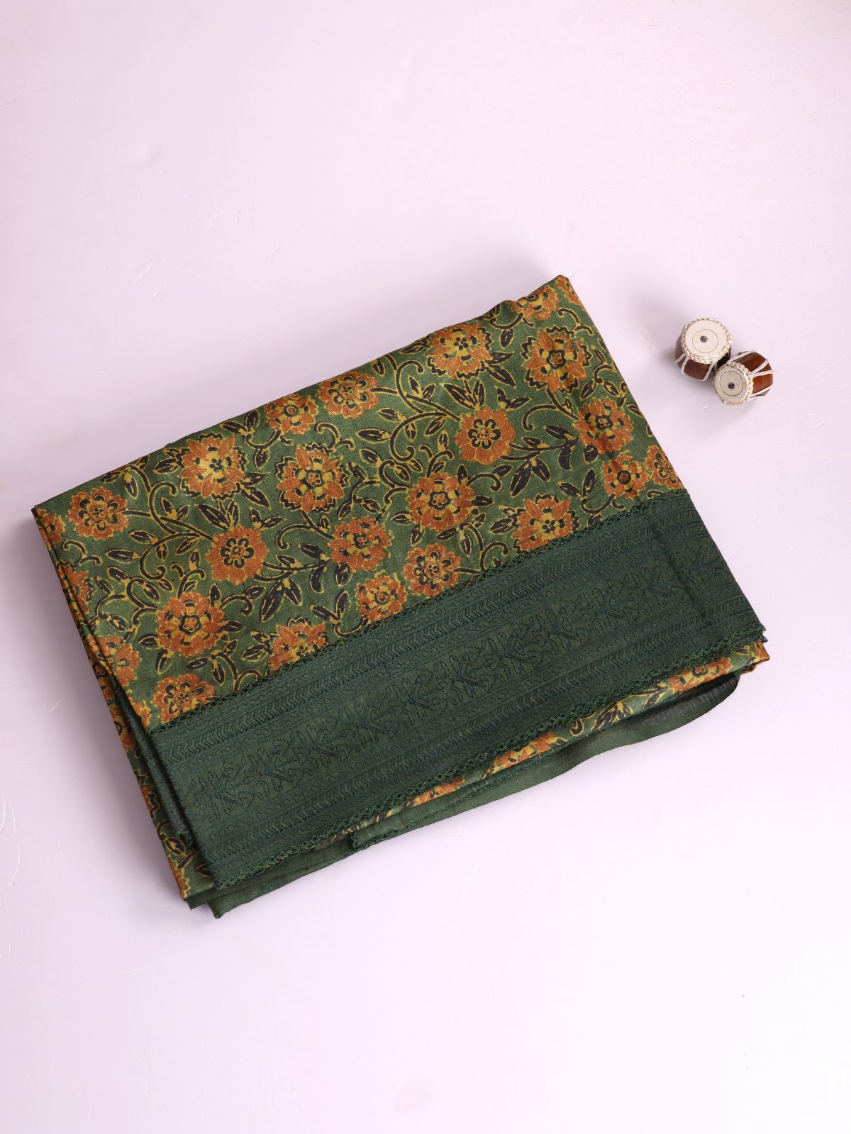 Olive Green Printed Munga Tussar Silk Saree With Embroidered Border 