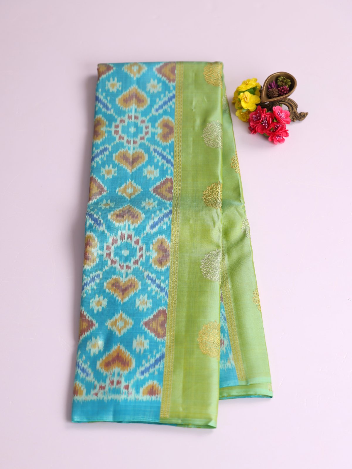 Bluish Green Kanjeevaram Ikat Silk Saree