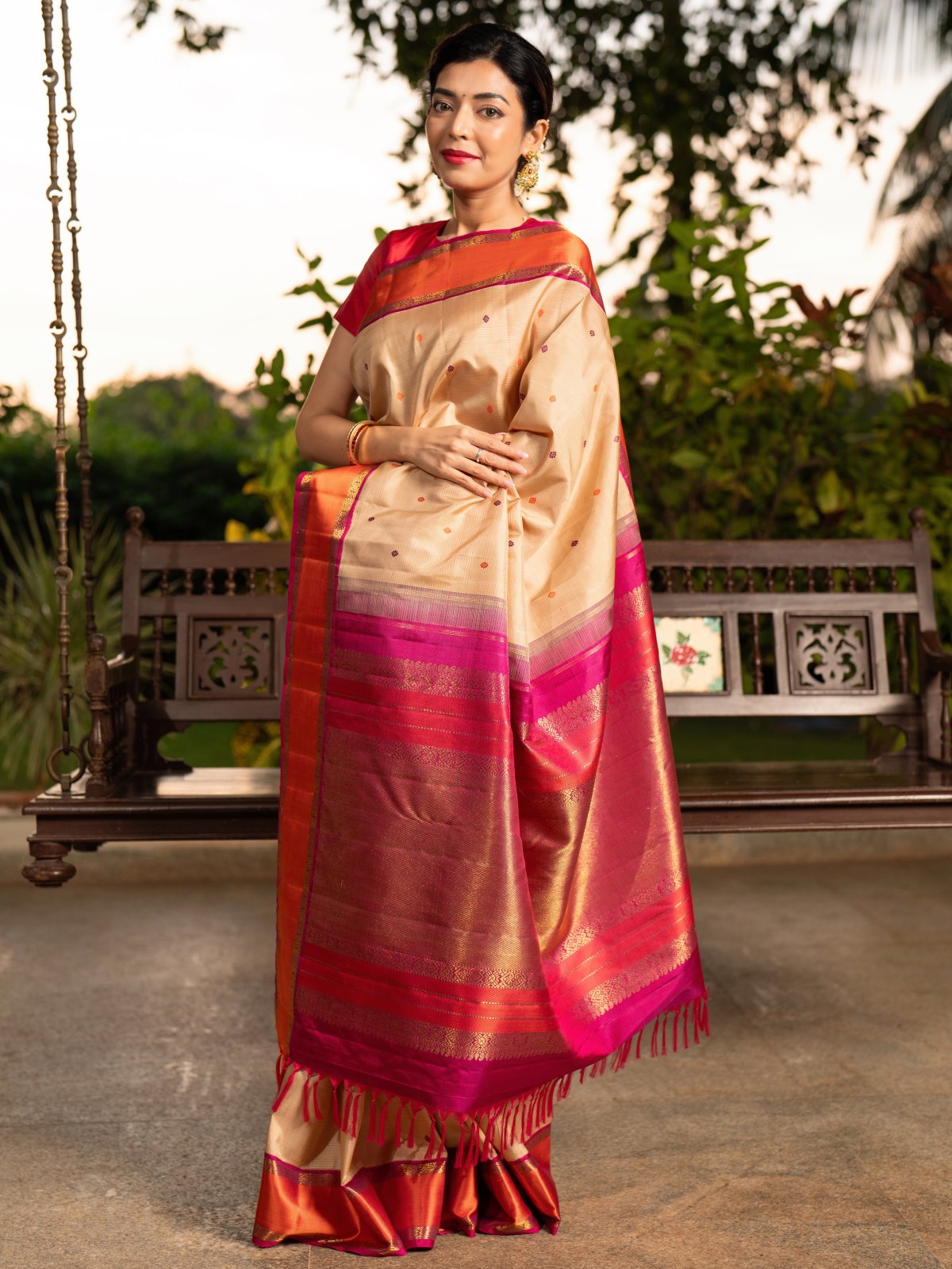 Beige Kanjeevaram Silk Saree with Contrast Border 