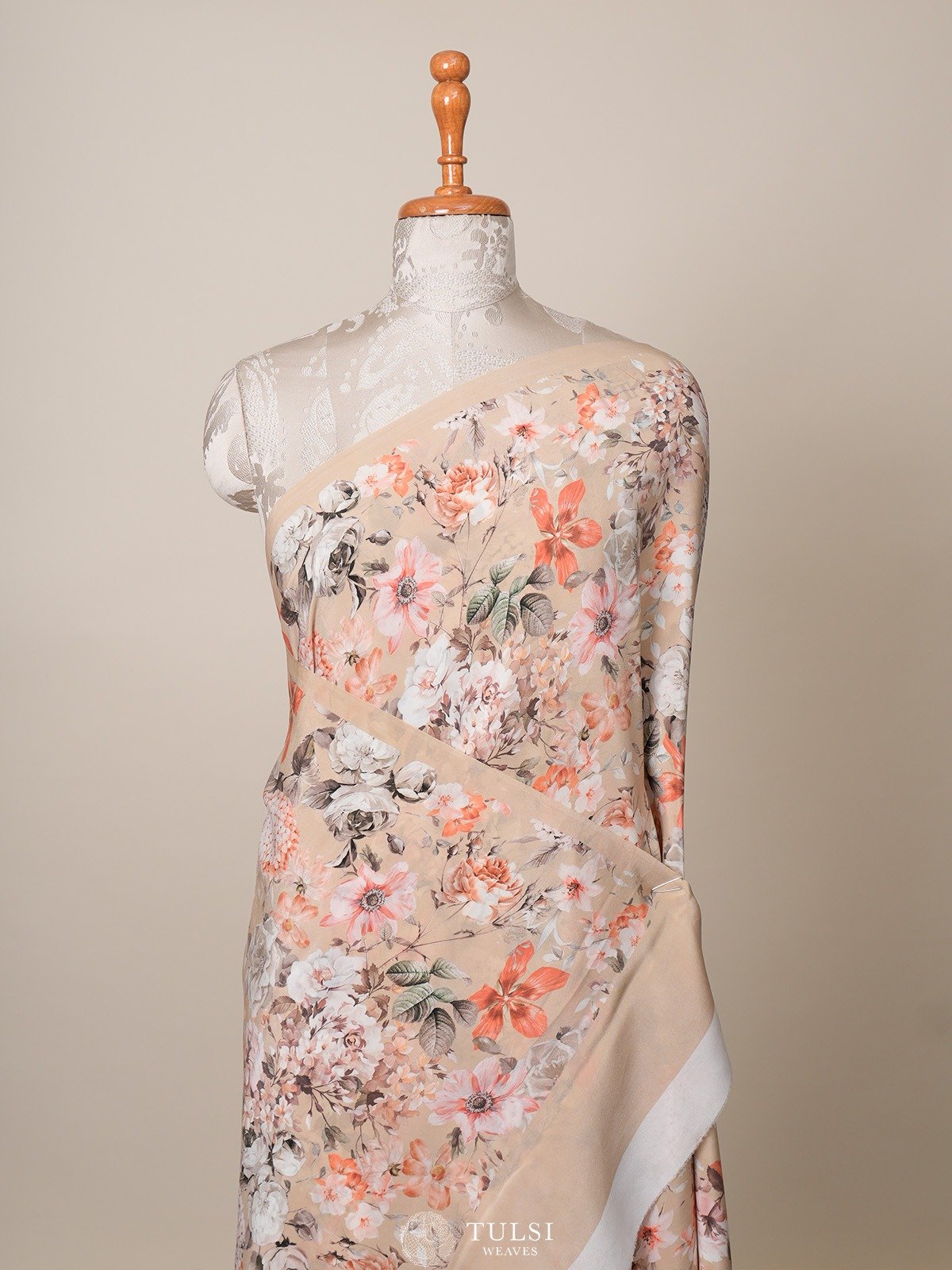 Light Beige Floral Printed Crepe Silk Saree 