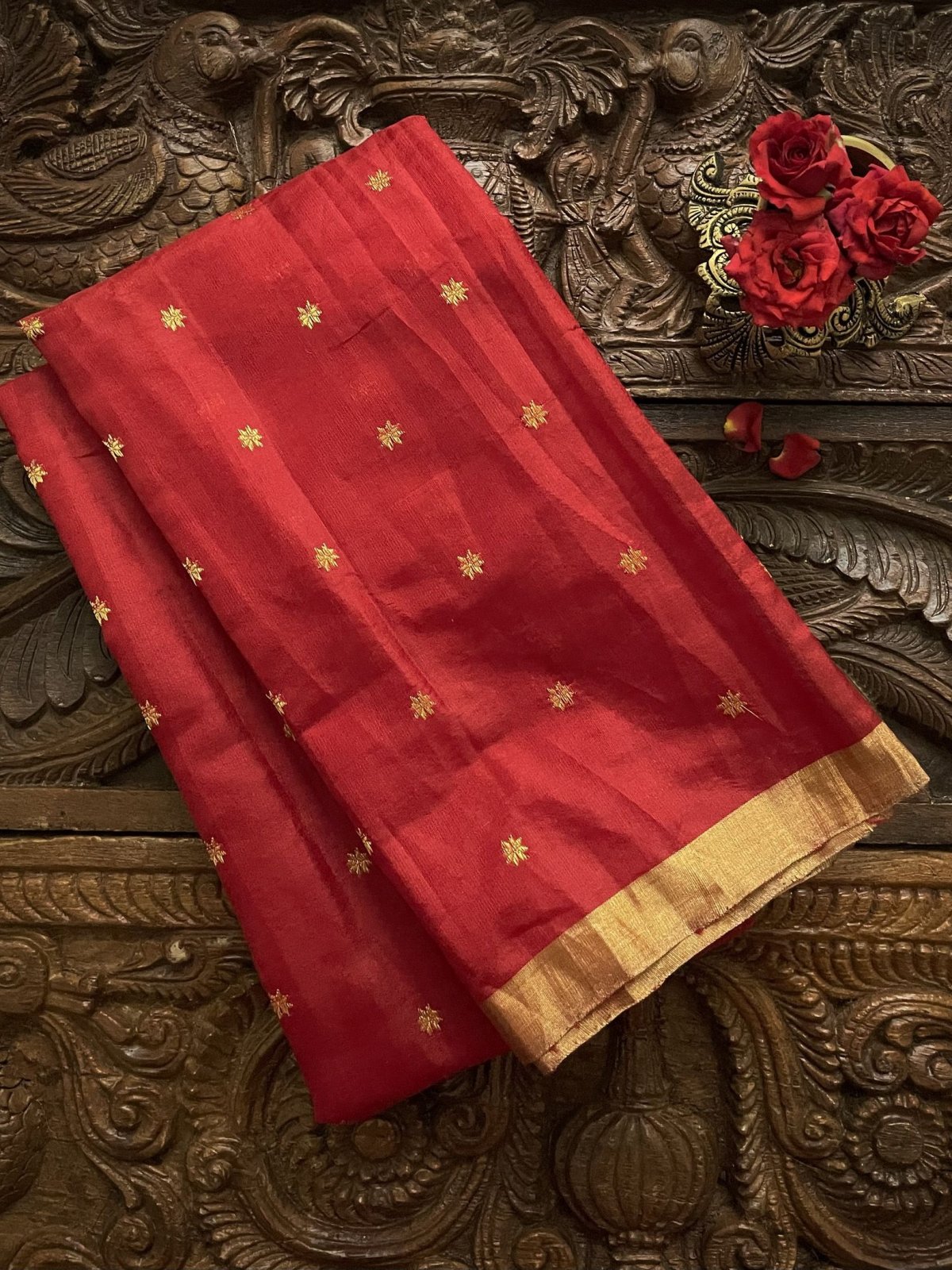 Bright Red Chanderi Silk Blouse With Gold Zari Detailing