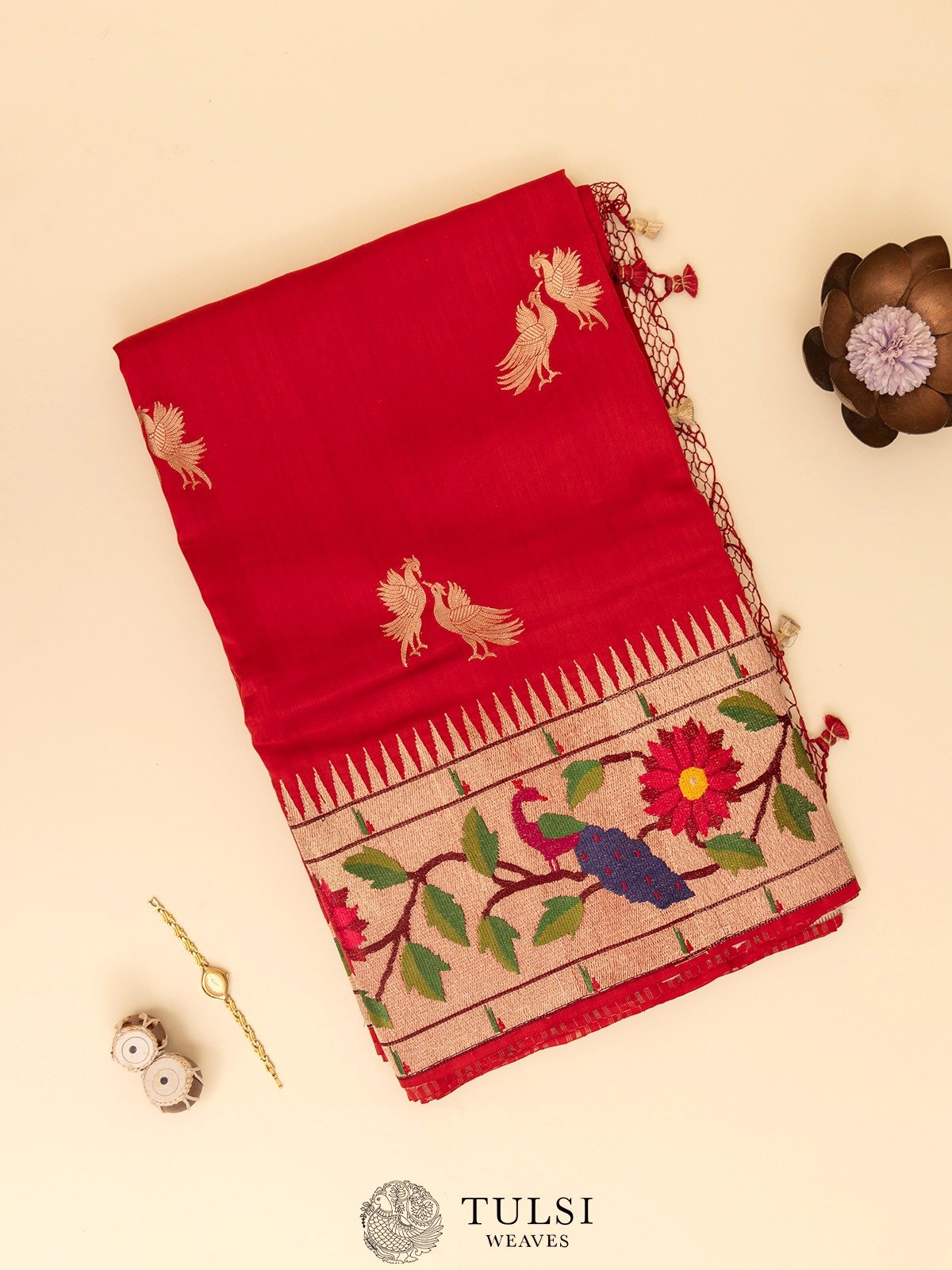 Red Chaniya Silk Saree with Paithani Border