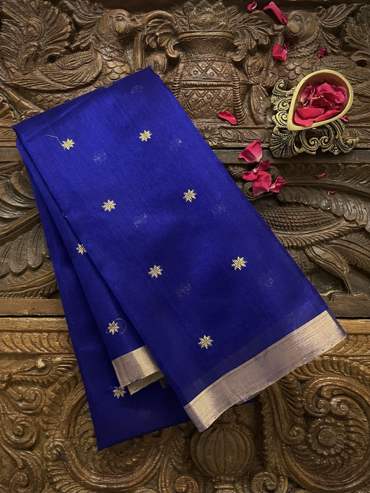 Ink Blue Chanderi Silk Blouse With Gold Zari Floral Motifs