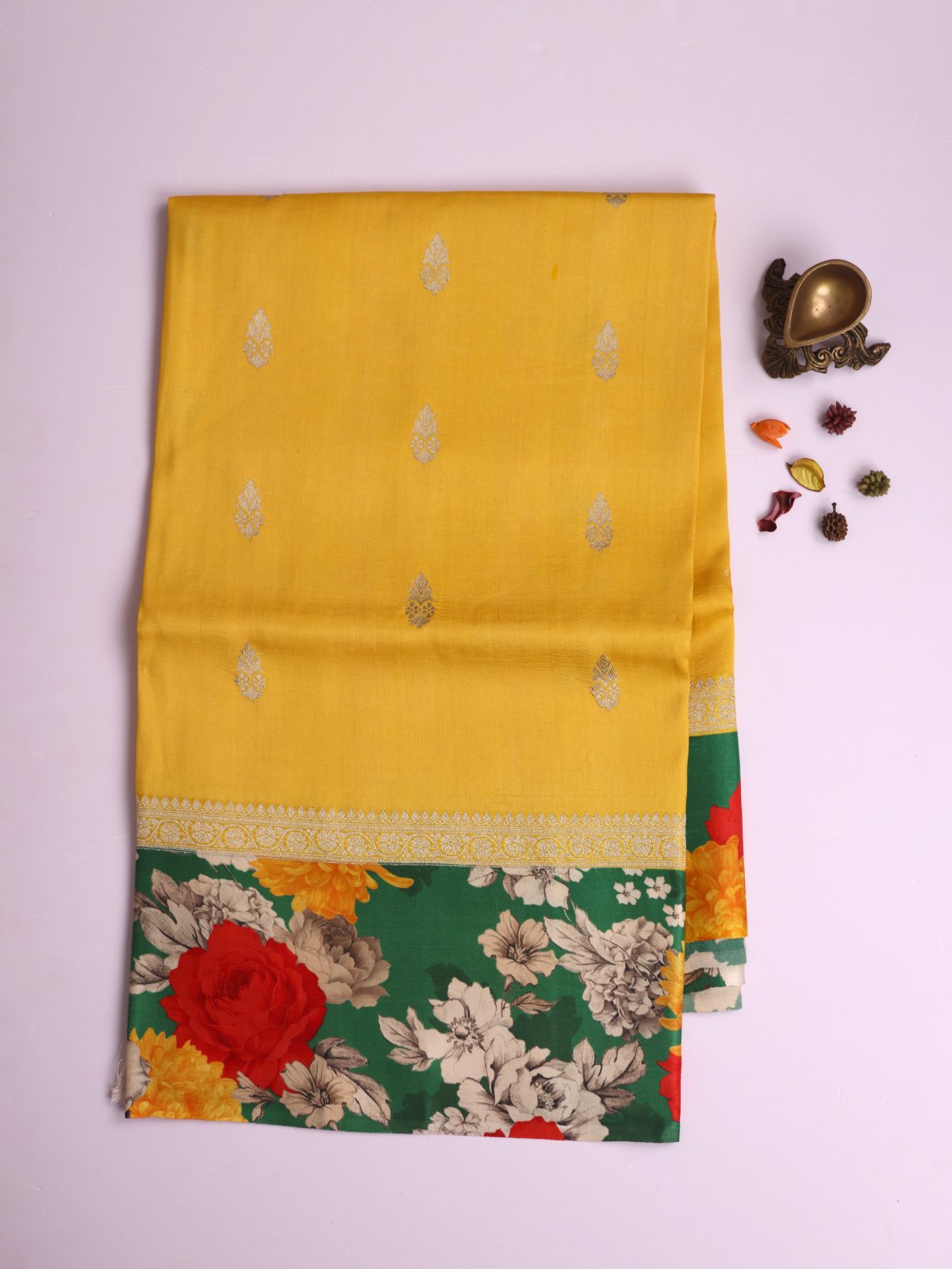 Yellow Banaras Tussar Georgette Silk Saree with Printed Emerald Green Satin Border