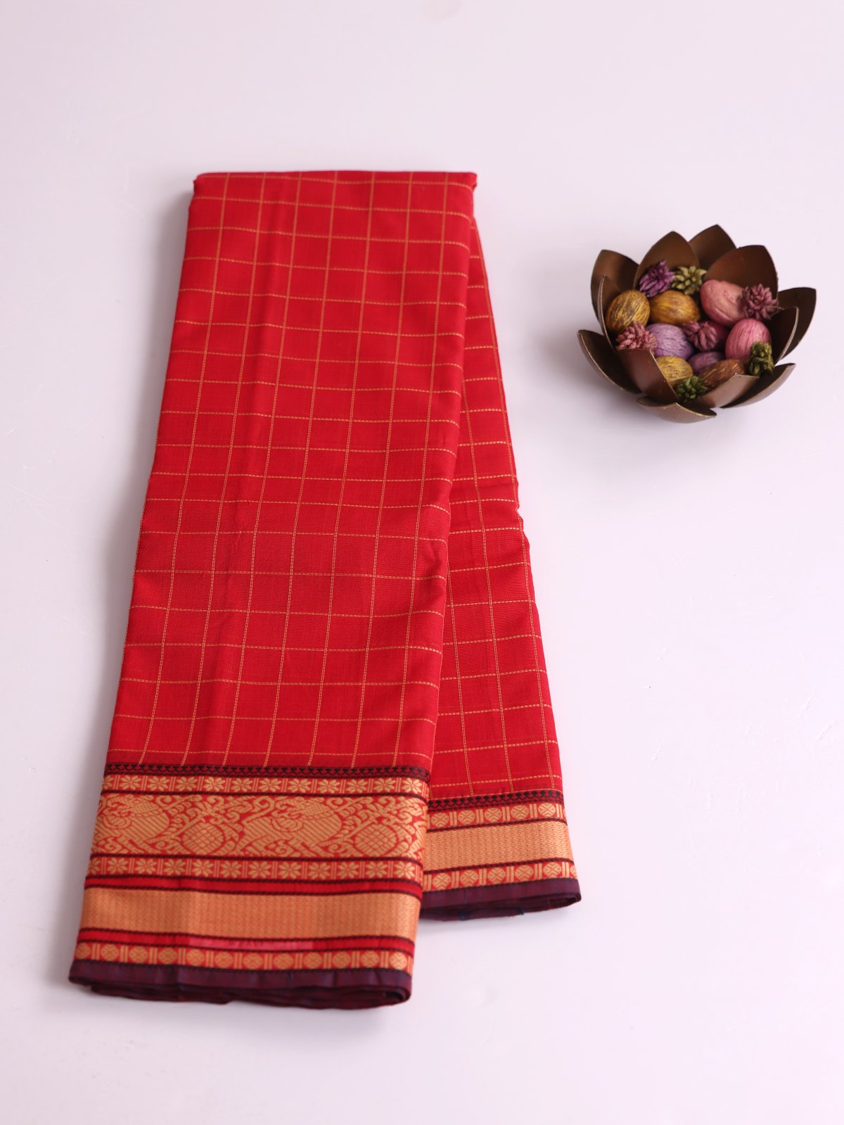 Red Checked Kanchi Cotton Saree With Threadwork Border