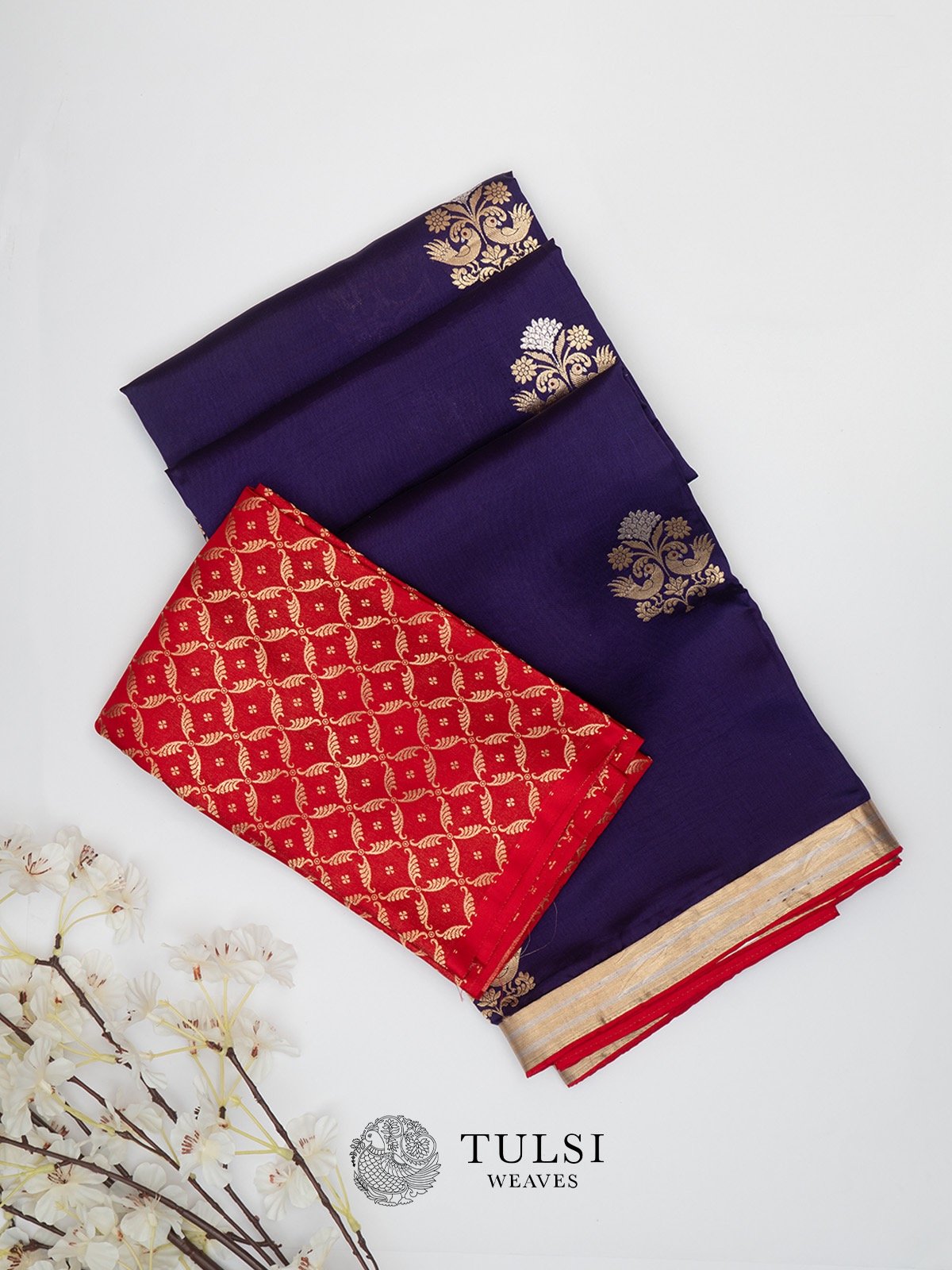 Purple banarasi silk saree with red blouse