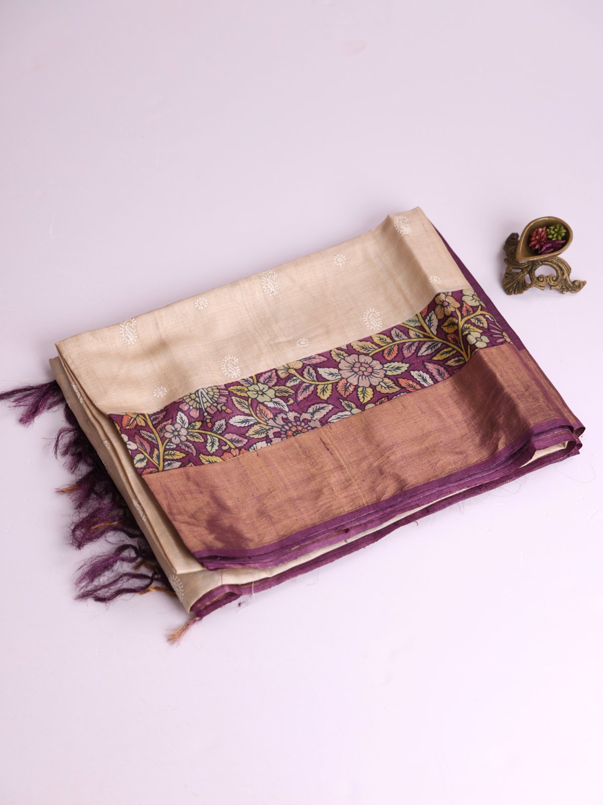 Cream Embroidered Tussar Silk Saree With Dark Mauve Zari Border