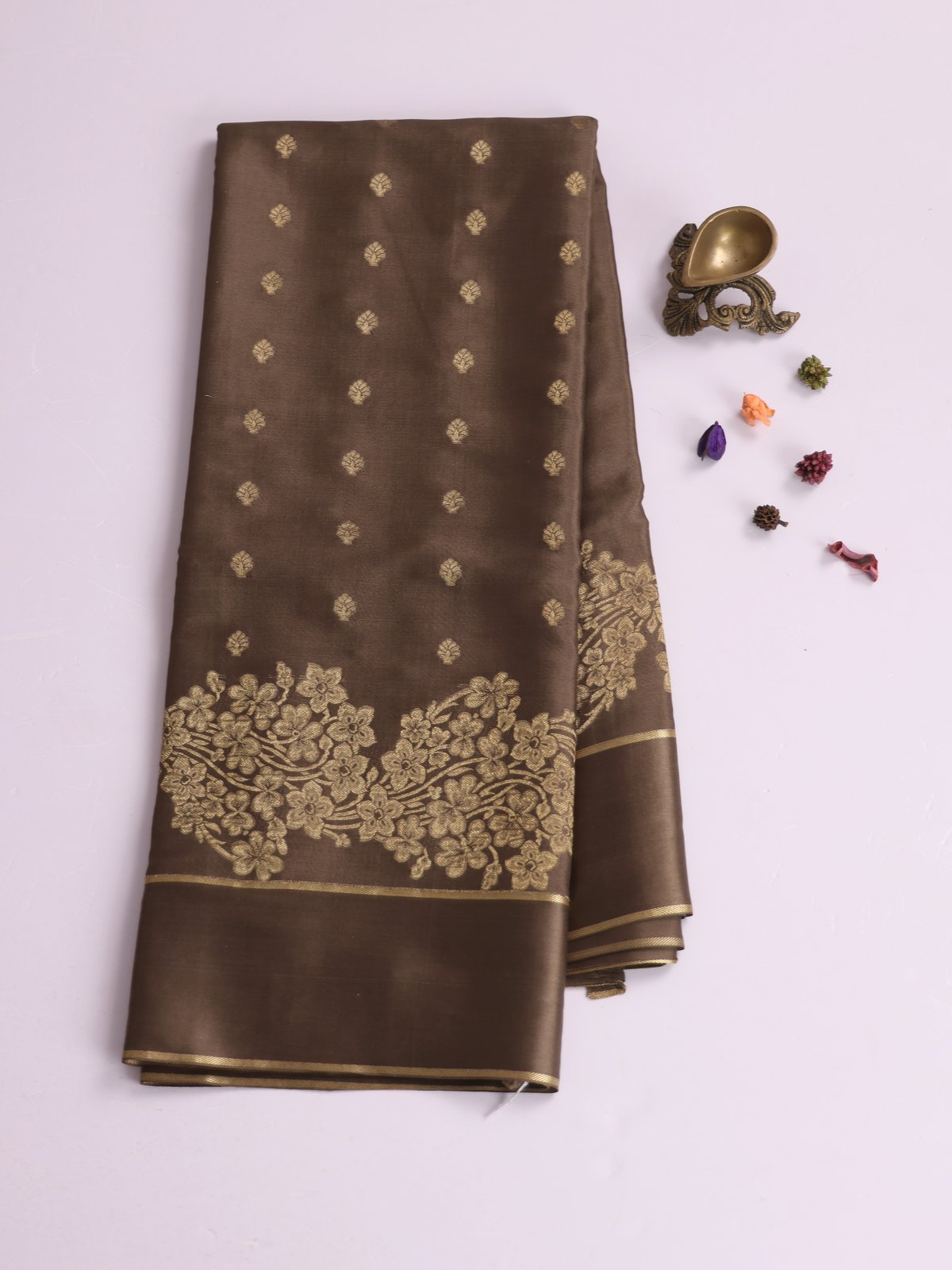 Kakhi Grey Mysore Silk Saree With Satin Border