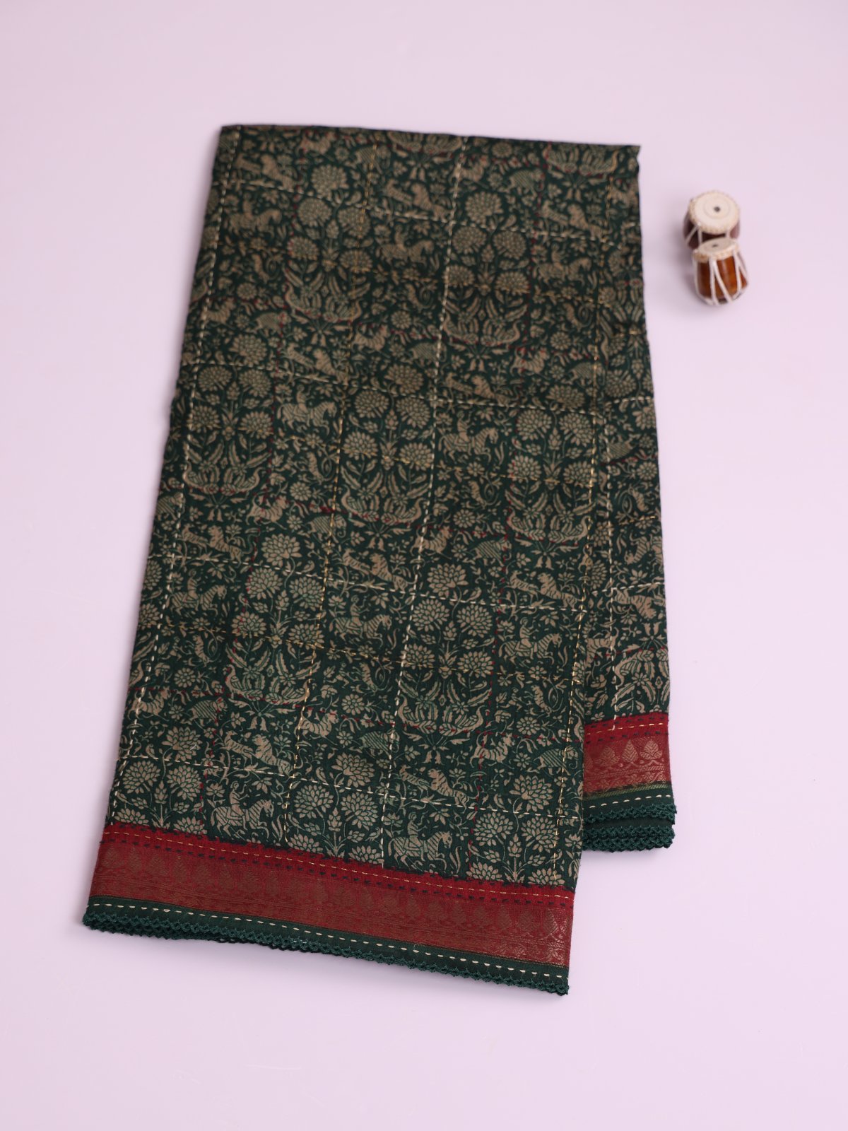 Bottle Green Printed Munga Silk Saree With Kantha Embroidery