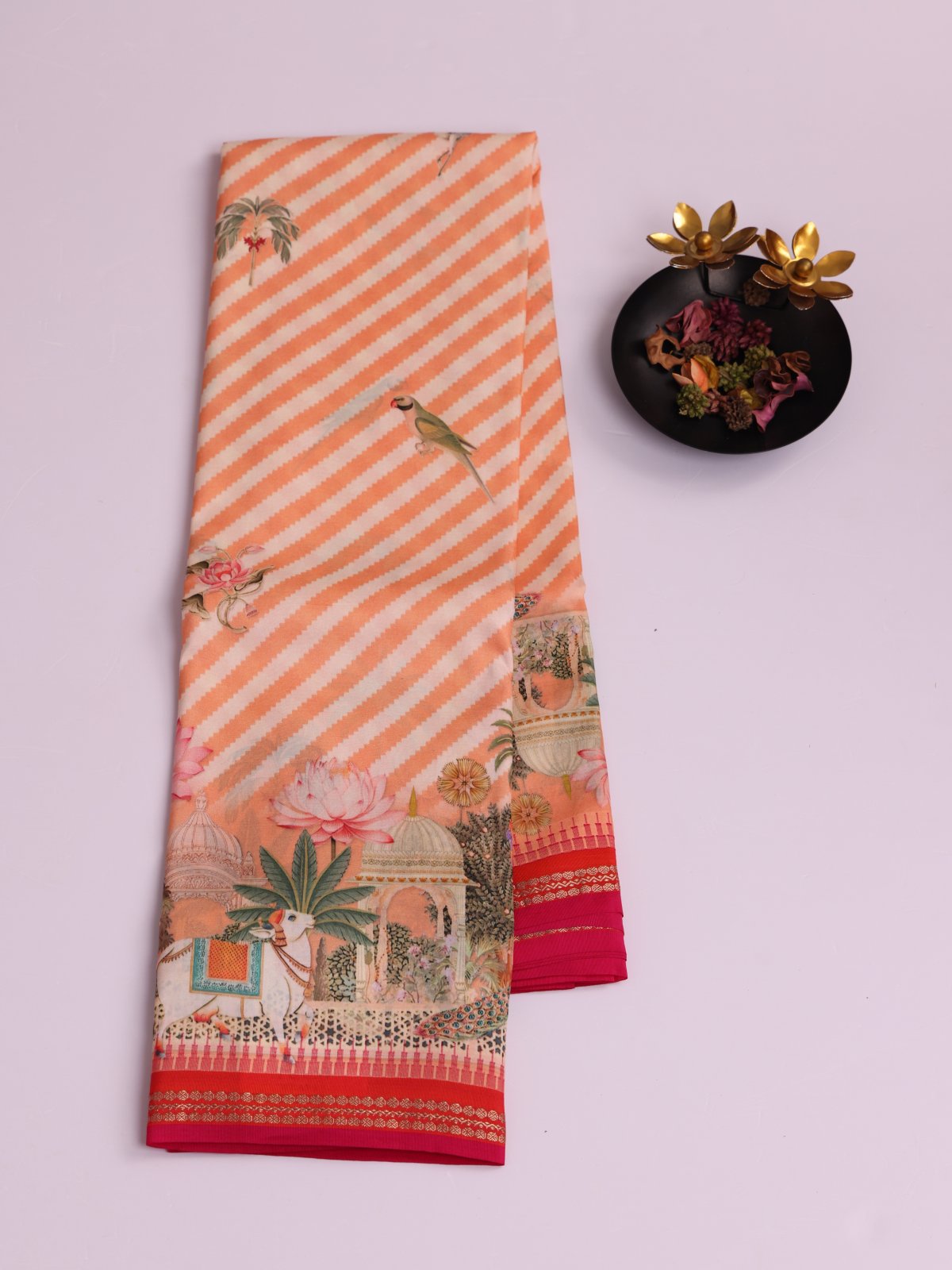 Peach Printed Kanjeevaram Silk Saree With Reddish Orange Borer