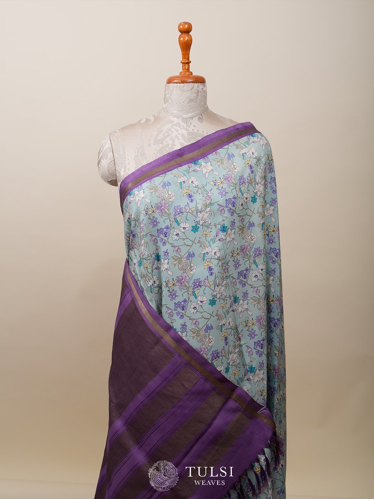 Cyan Printed Kanjveevaram Silk Saree