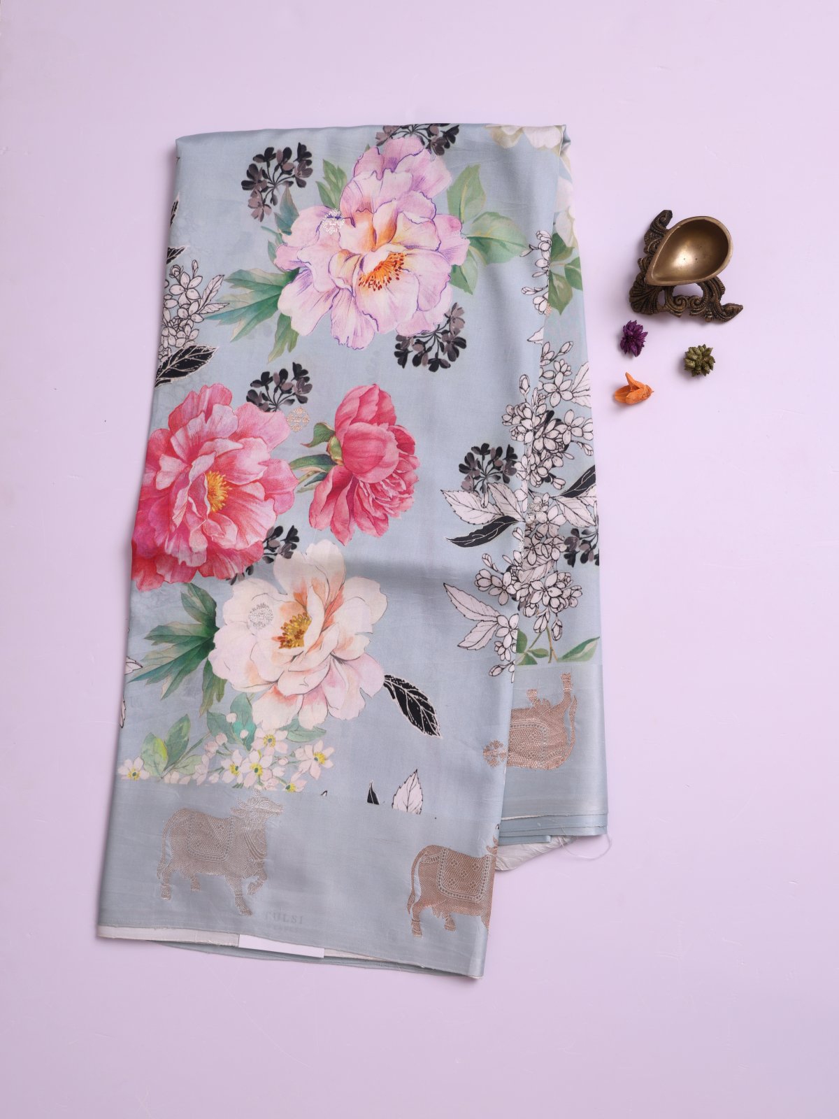 Light Blue Printed Mashru Silk Saree with Self Satin Border